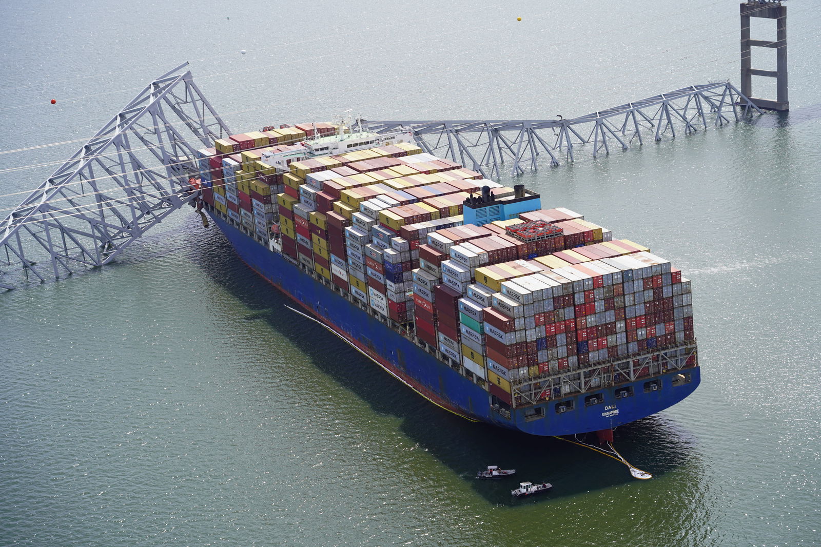 Aerial view of the Dali cargo vessel which crashed into the Francis Scott Key Bridge, causing it to collapse in Baltimore, Maryland, U.S., March 26, 2024. 