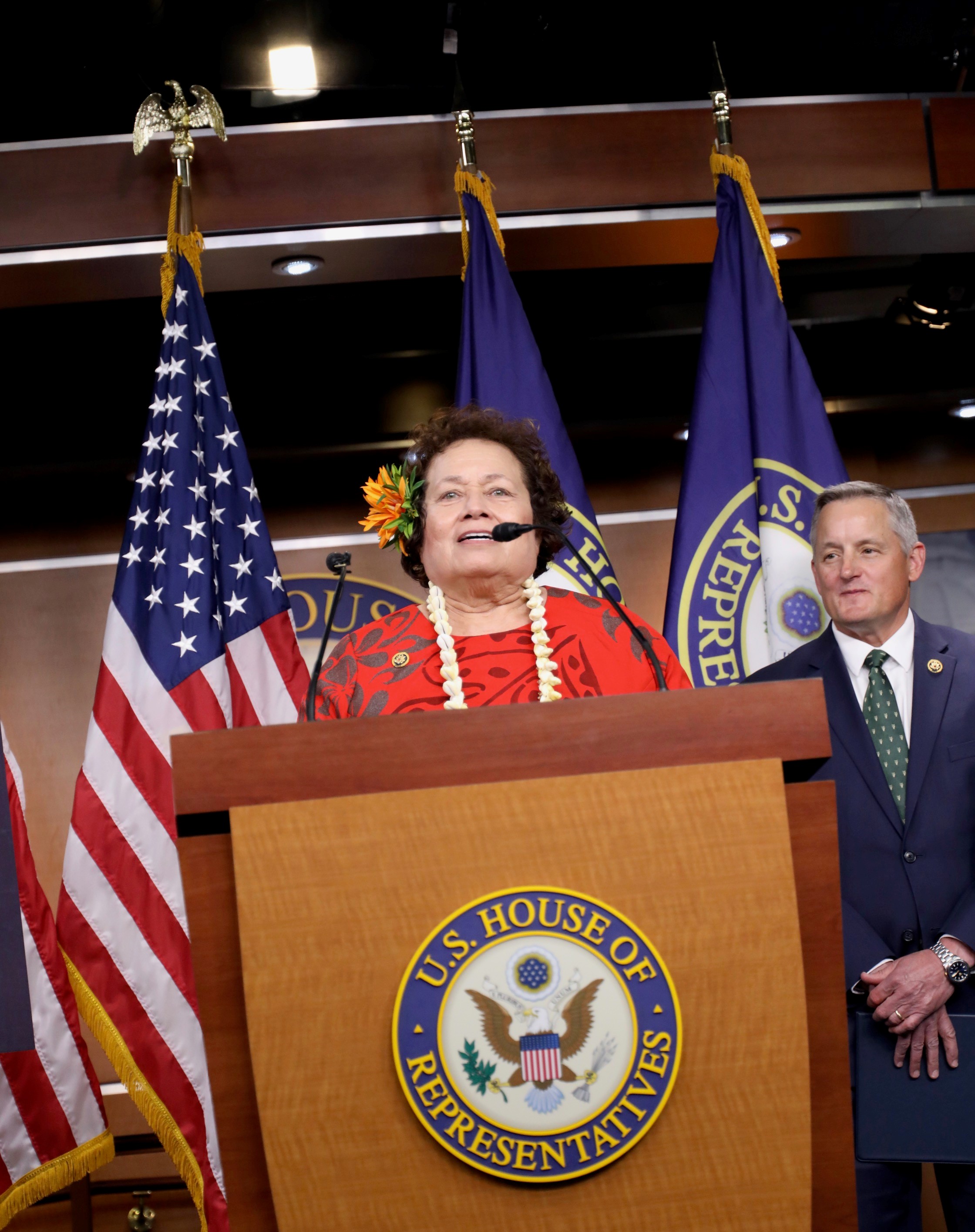 U.S. Congresswoman Uifa’atali Amata gives her remarks in the House Radio and TV Correspondents Gallery on Thursday.