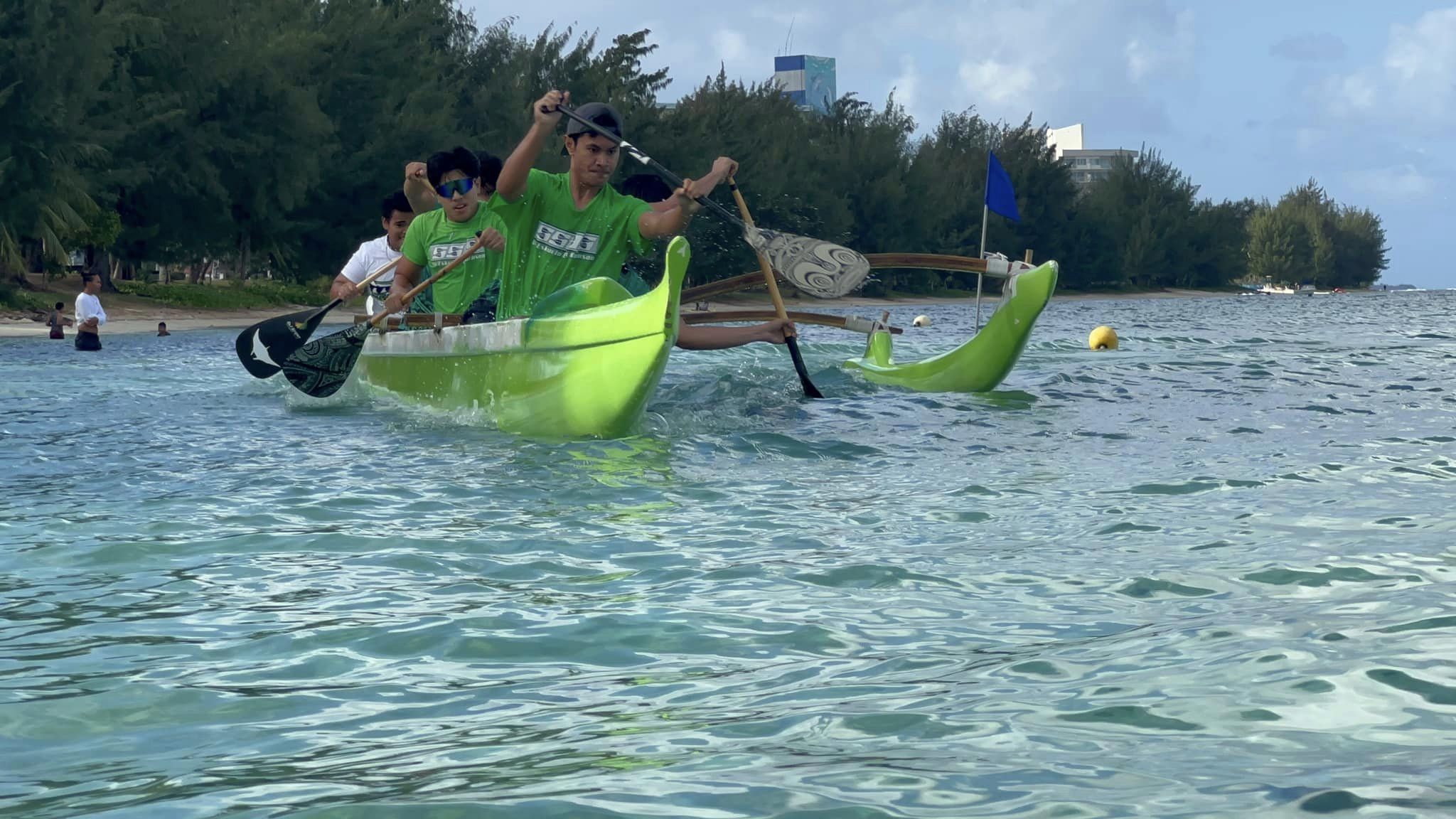 The Saipan Southern High School boys team completes a turn during a 1000m race in the co-ed high school division of the PSS Interscholastic Outrigger Race Series SY23-24 at Kilili Beach.