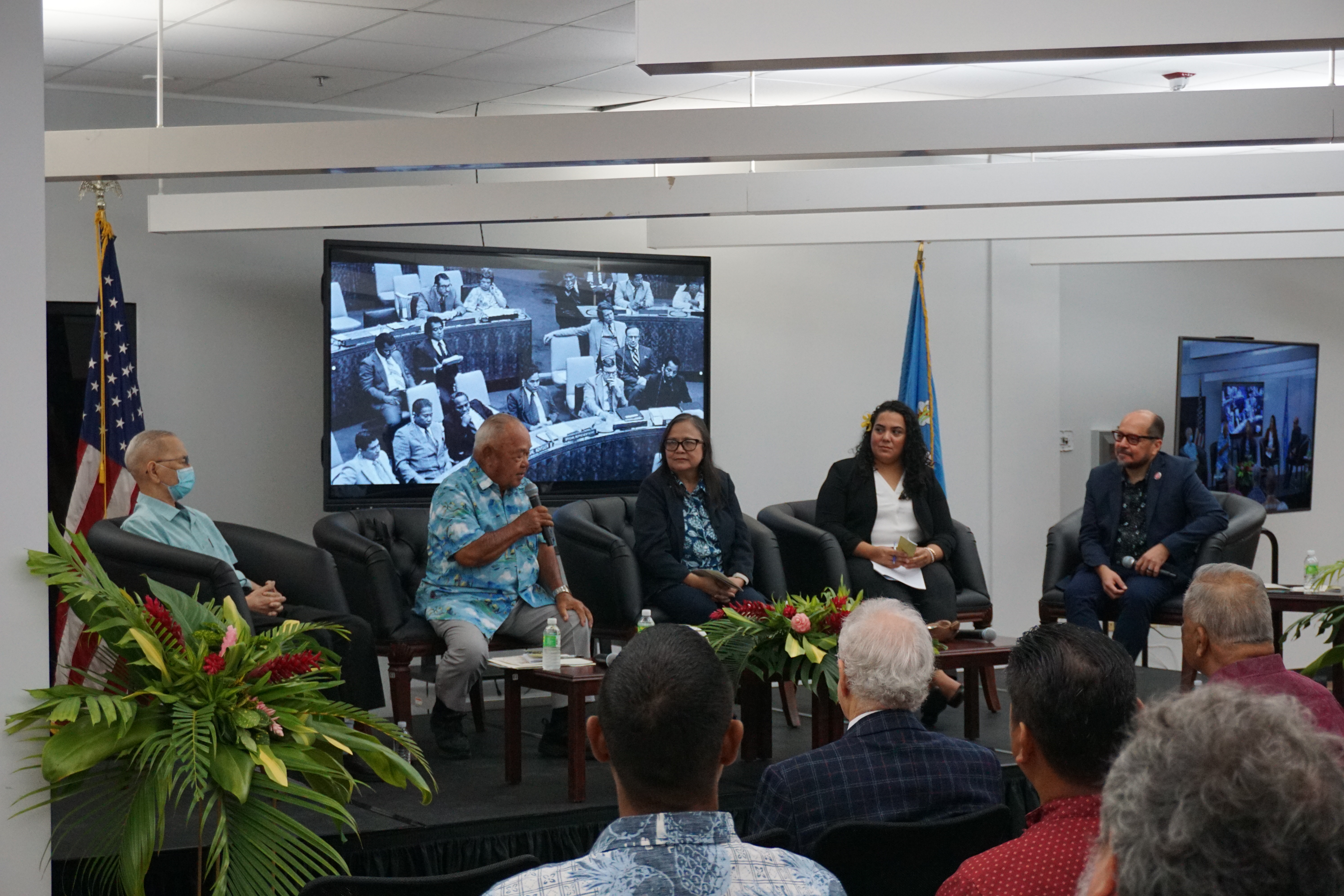 From left, former Covenant negotiators Manuel Sablan and Pedro A. Tenorio with Judge Lillian Tenorio, Assistant Attorney General Rellani Ogumoro and Northern Marianas College President Galvin Deleon Guerrero, Ed.D.