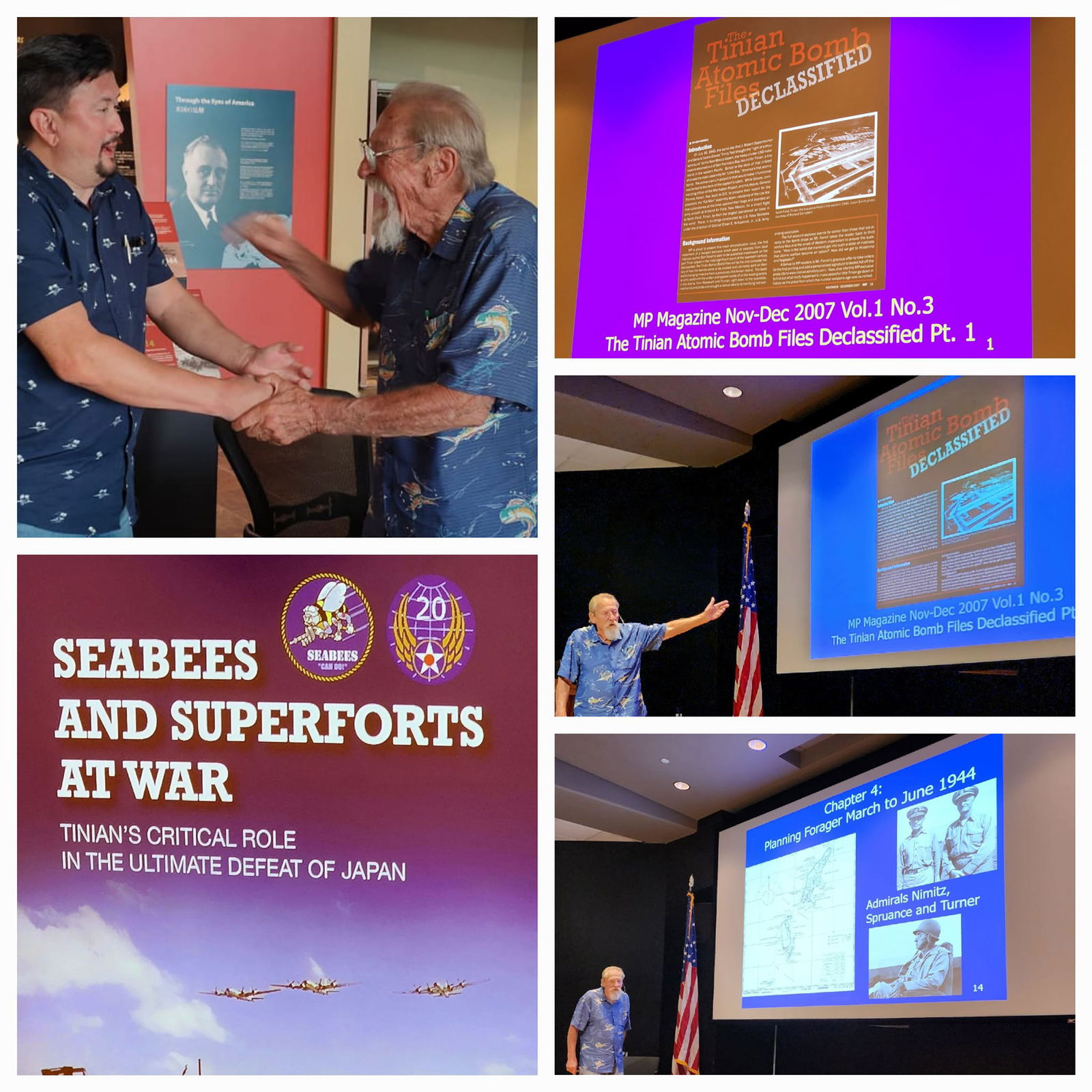 Local historian Don Farrell makes a Power Point Presentation about his new book, “Seabees and Superforts at War — Tinian's Critical Role in the Ultimate Defeat of Japan” at American Memorial Park’s Visitor Center on Friday. In one of the photos is House Floor Leader Edwin Propst, congratulating Farrell on the publication of his 12th book.