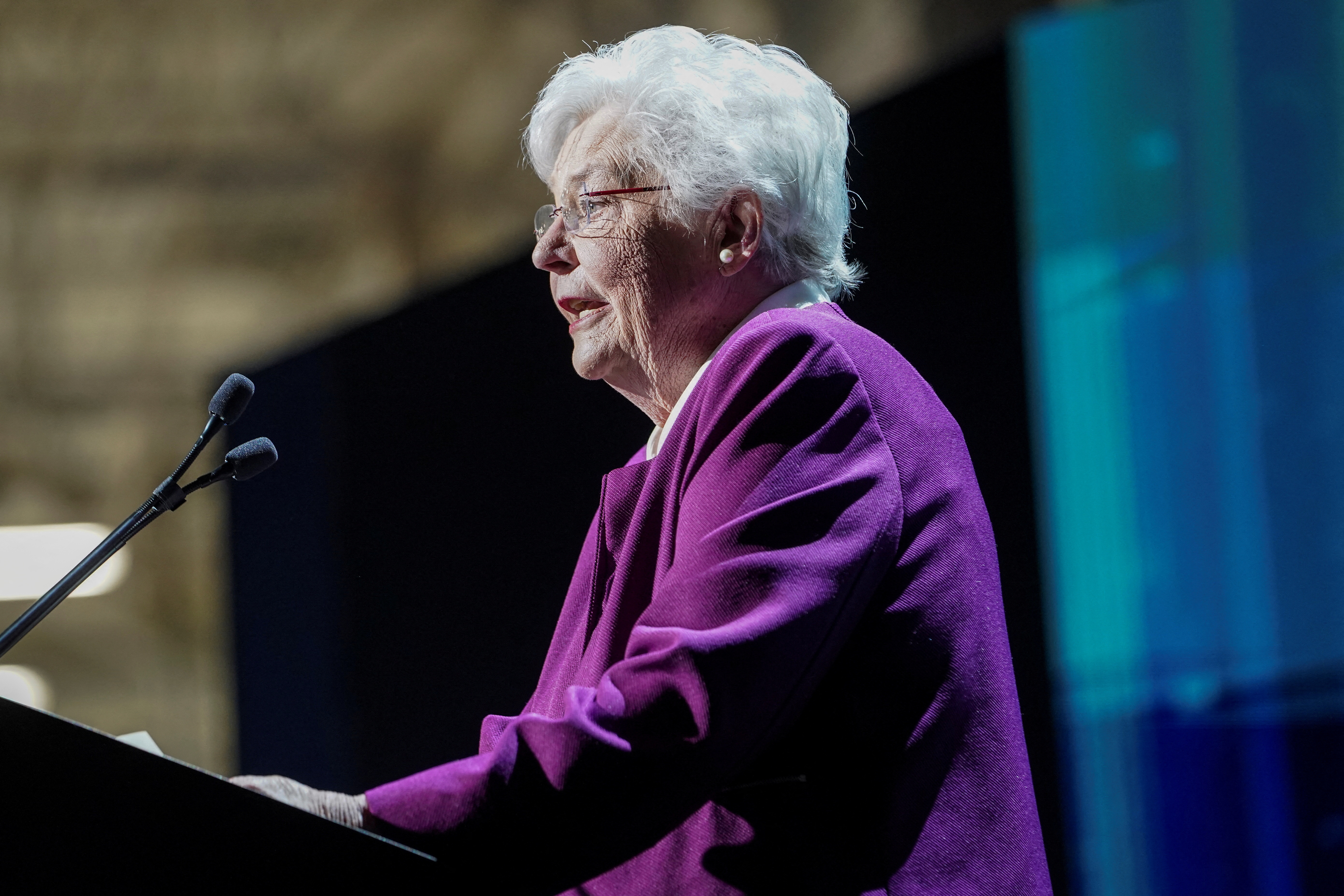 FILE PHOTO: Alabama Governor Kay Ivey speaks during a presentation at the opening of a Mercedes-Benz electric vehicle Battery Factory, marking one of only seven locations producing batteries for their fully electric Mercedes-EQ models, in Woodstock, Alabama, U.S., March 15, 2022. 