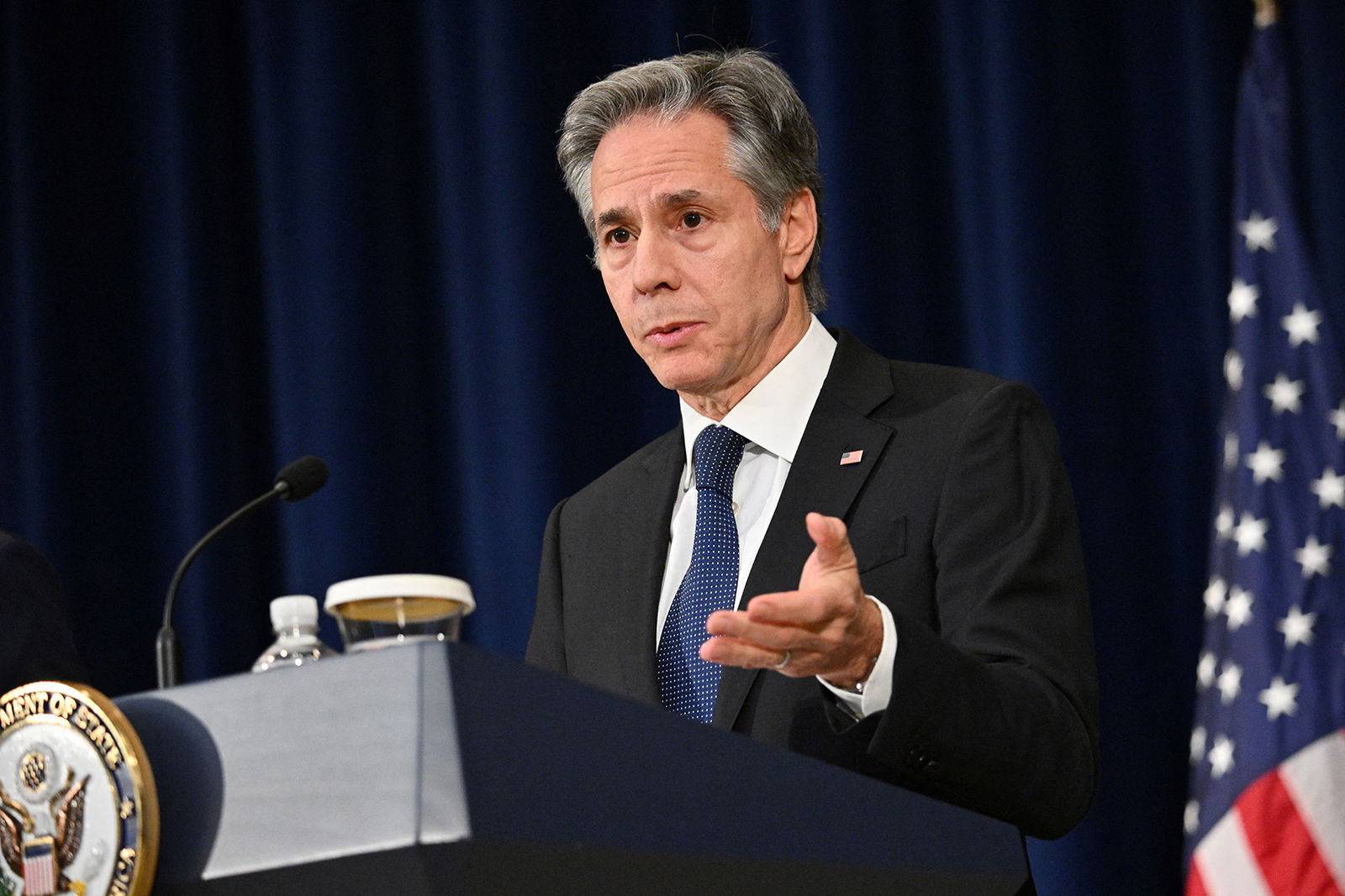U.S. Secretary of State Antony Blinken speaks during a press conference with NATO Secretary General Jens Stoltenberg at the State Department in Washington, D.C., on Jan. 29, 2024. (Mandel Ngan/AFP via Getty Images/TNS)