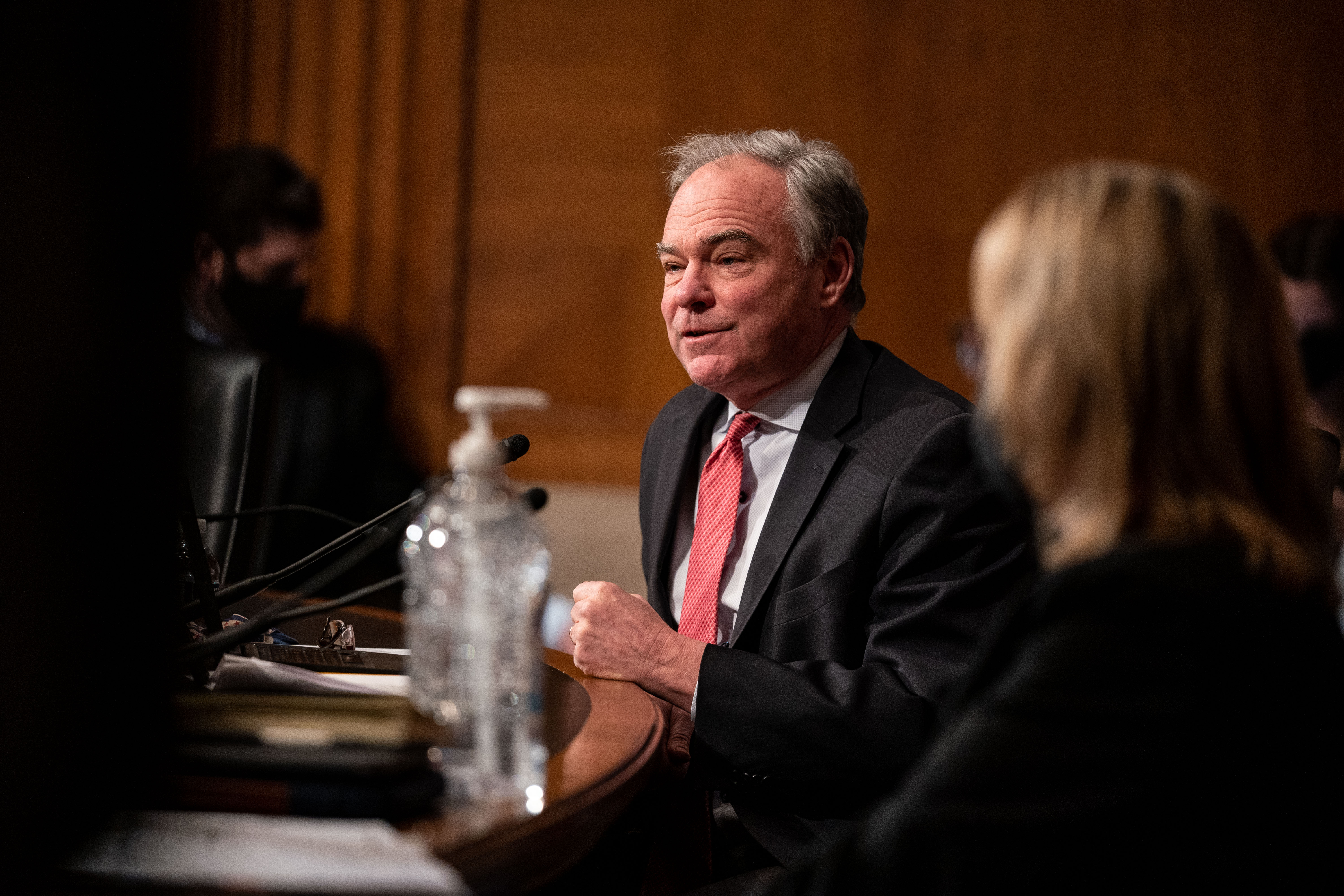 Sen. Tim Kaine, D-Va., speaks during a hearing with the Senate Health, Education, Labor, and Pensions committee on Capitol Hill on Feb. 3, 2021, in Washington, D.C. For Thursday's State of the Union speech, Kaine brought a guest who was the first American conceived through IVF. (Anna Moneymaker/Pool/Getty Images/TNS)