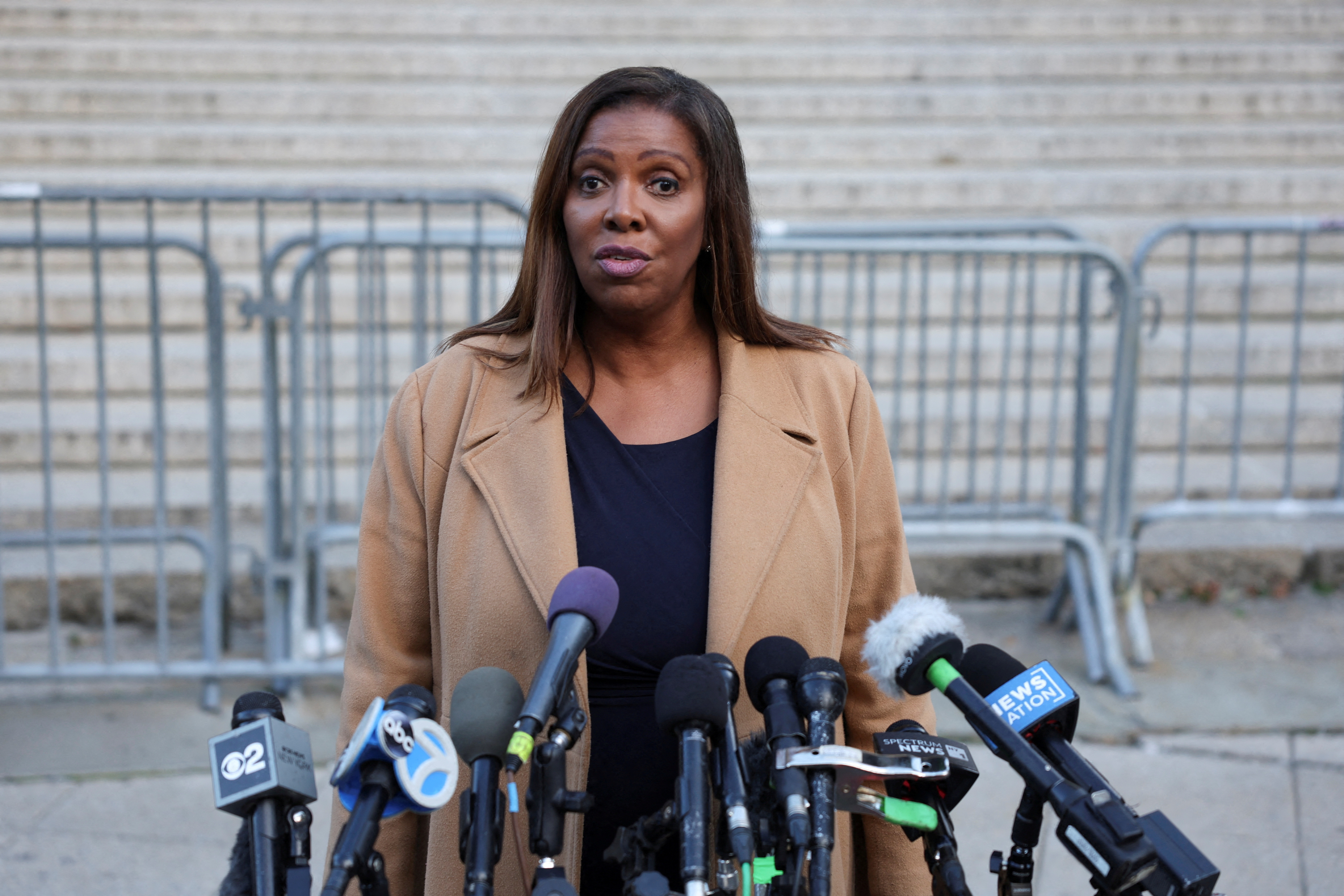 FILE PHOTO: New York Attorney General Letitia James speaks to the press outside New York State Supreme Court in the Manhattan borough of New York City, U.S., October 25, 2023. 