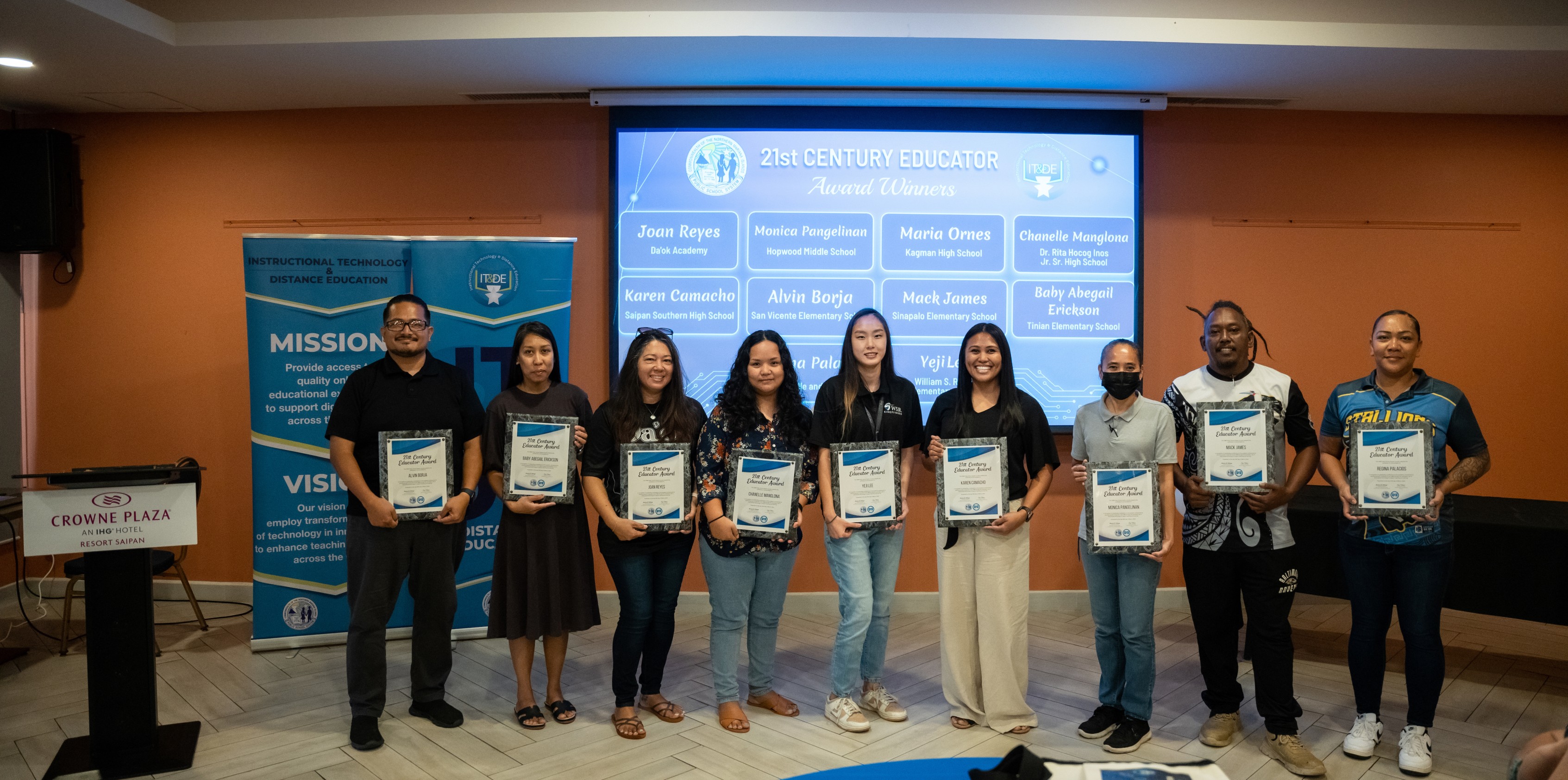 21st Century Educators: Alvin Borja - San Vicente Elementary School, Baby Abegail Erickson - Tinian Elementary School, Joan Reyes - Da’ok Academy, Chanelle Manglona - Dr. Rita H. Inos Jr.-Sr. High School, Yeji Lee - William S. Reyes Elementary School, Karen Camacho - Saipan Southern High School, Monica Pangelinan - Hopwood Middle School, Mack James - Sinapalo Elementary School and Dr. Regina Palacios - Tinian Middle and High School.