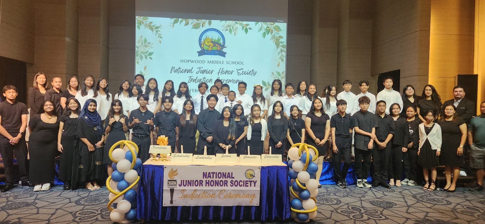 HMS NJHS officers, members and inductees with their advisors, school principal and vice principals.