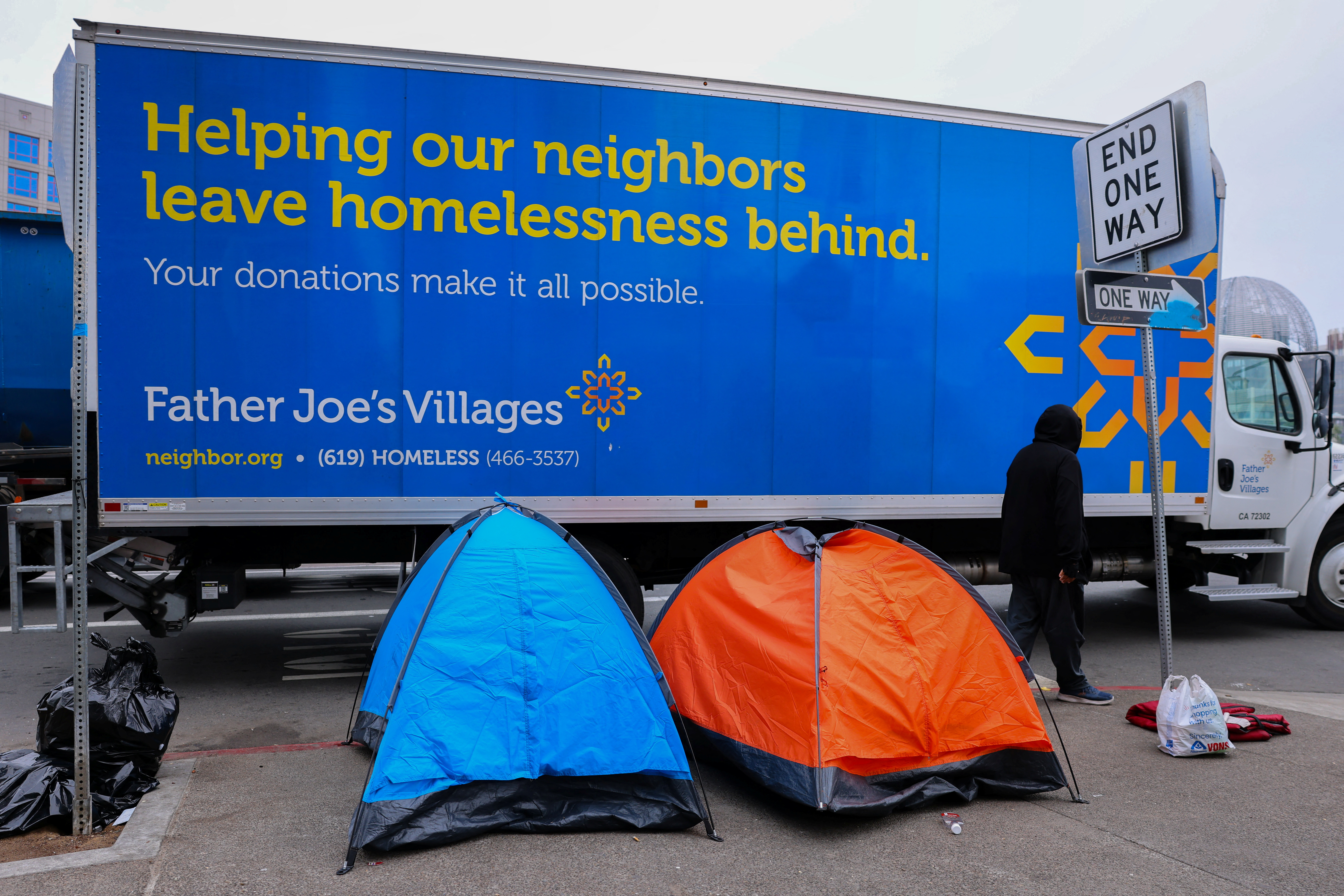 Homeless tents are set up on a sidewalk in downtown San Diego, California, U.S., February 26, 2024. 