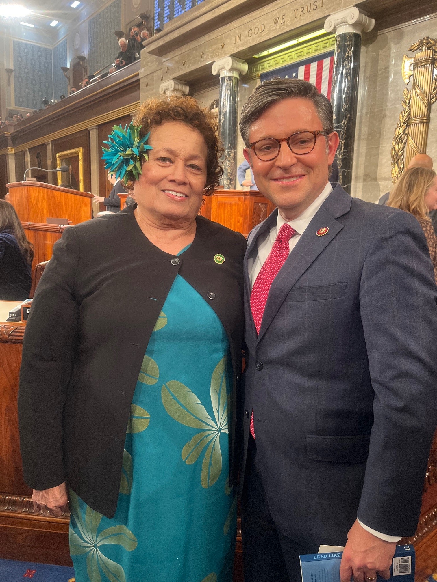 Congresswoman Amata with Speaker Mike Johnson in the chamber of the U.C. House of Representatives.