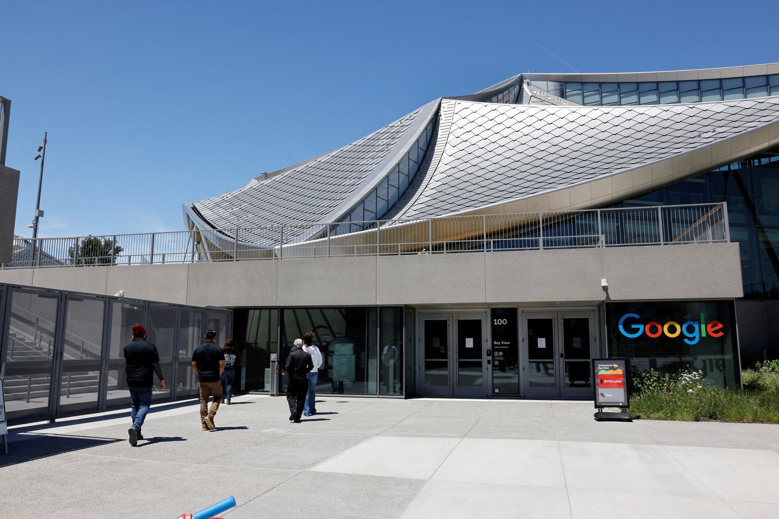 FILE PHOTO: An exterior view of building BV100, during a tour of Google's new Bay View Campus in Mountain View, California, U.S. May 16, 2022. Picture taken May 16, 2022. 