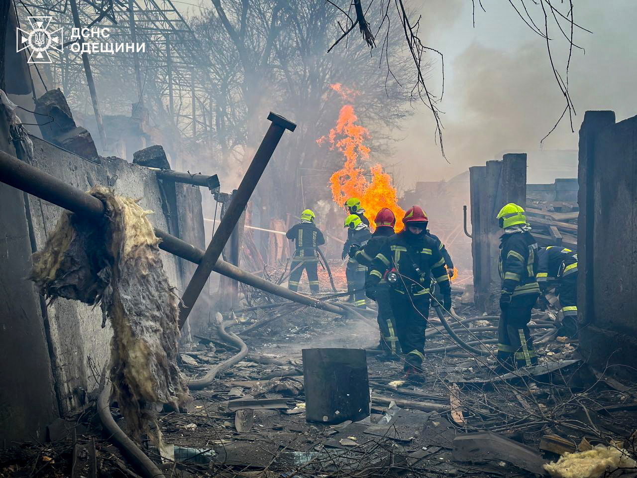 Firefighters work at the site of a Russian missile strike, amid Russia's attack on Ukraine, in Odesa, Ukraine March 15, 2024. 