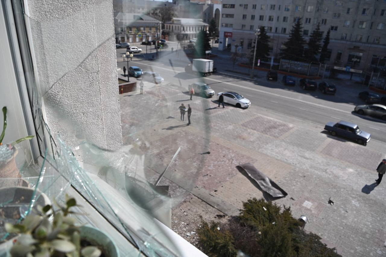 A view of the street from the broken window of the city administration building, which, according to local authorities, was damaged by a Ukrainian drone attack, in Belgorod, Russia March 12, 2024. 