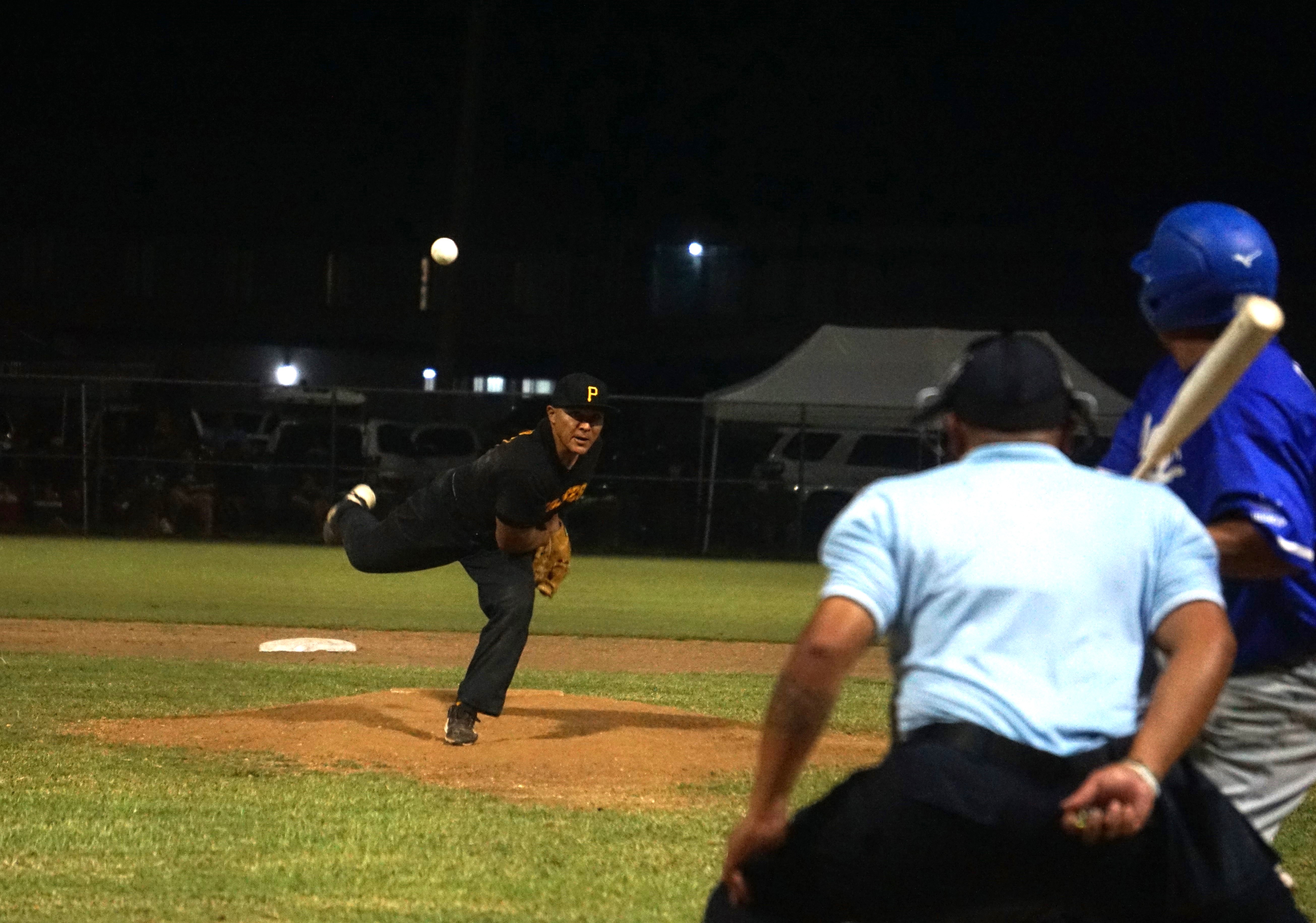 The Pirates' Pete Sablan pitches against the Dodgers during game 3 of the 2023 SBL Masters League championship series at the Francisco “Tan Ko” Palacios Baseball Field on Wednesday.