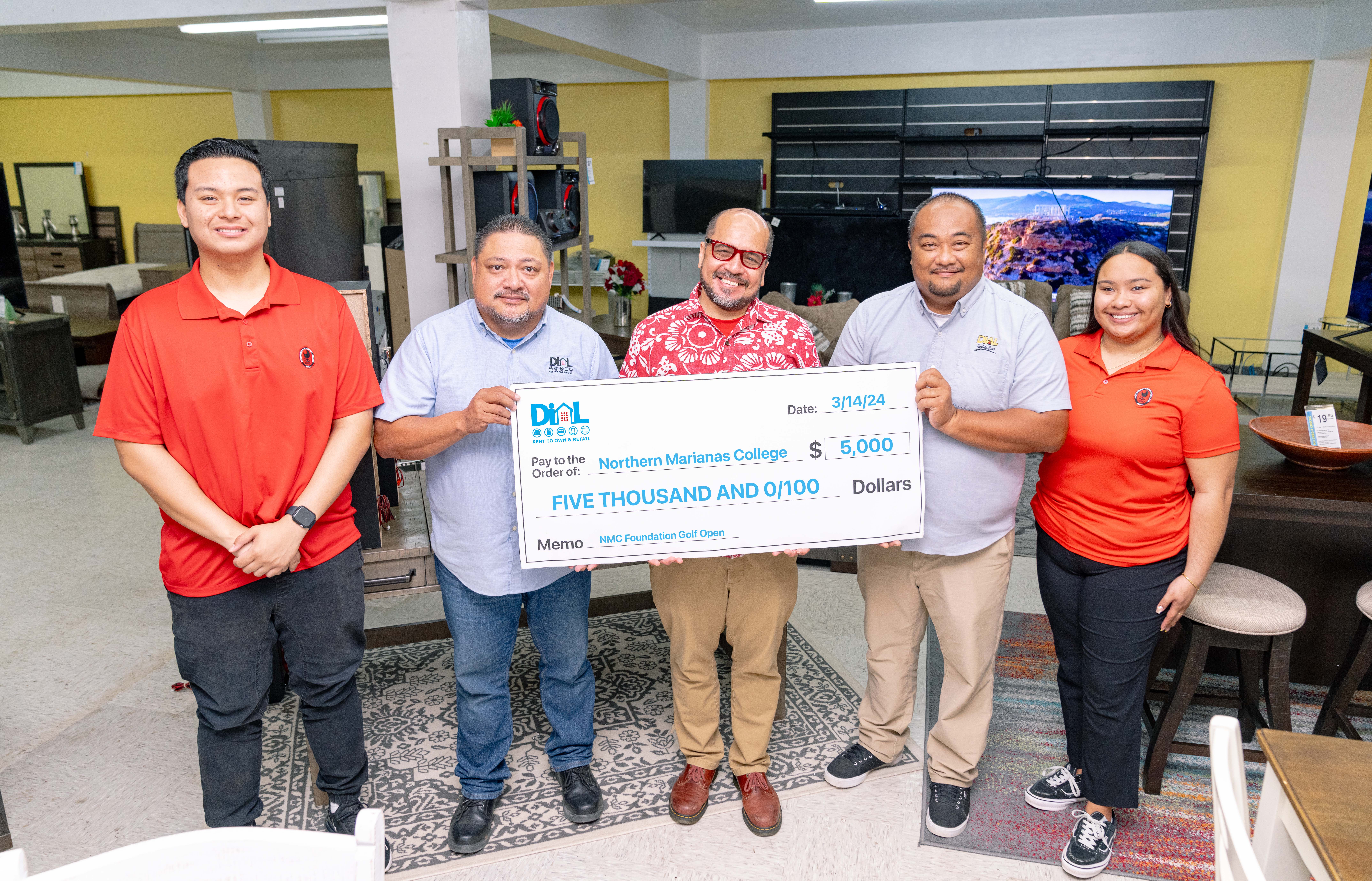 Dial Rent-to-Own recently donated $5,000 to the Northern Marianas College Foundation Golf Open, which is set for March 23 and 24, 2024. In photo with NMC President Galvin Deleon Guerrero, EdD are Dial Rent-to-Own Saipan Store Manager Miguel Duenas, Dial Rent-to-Own Saipan Assistant Store Manager Alex Villazon, NMC student Richard Baleares, and NMC Office of Student Activities and Leadership Program Manager Maia Pangelinan.