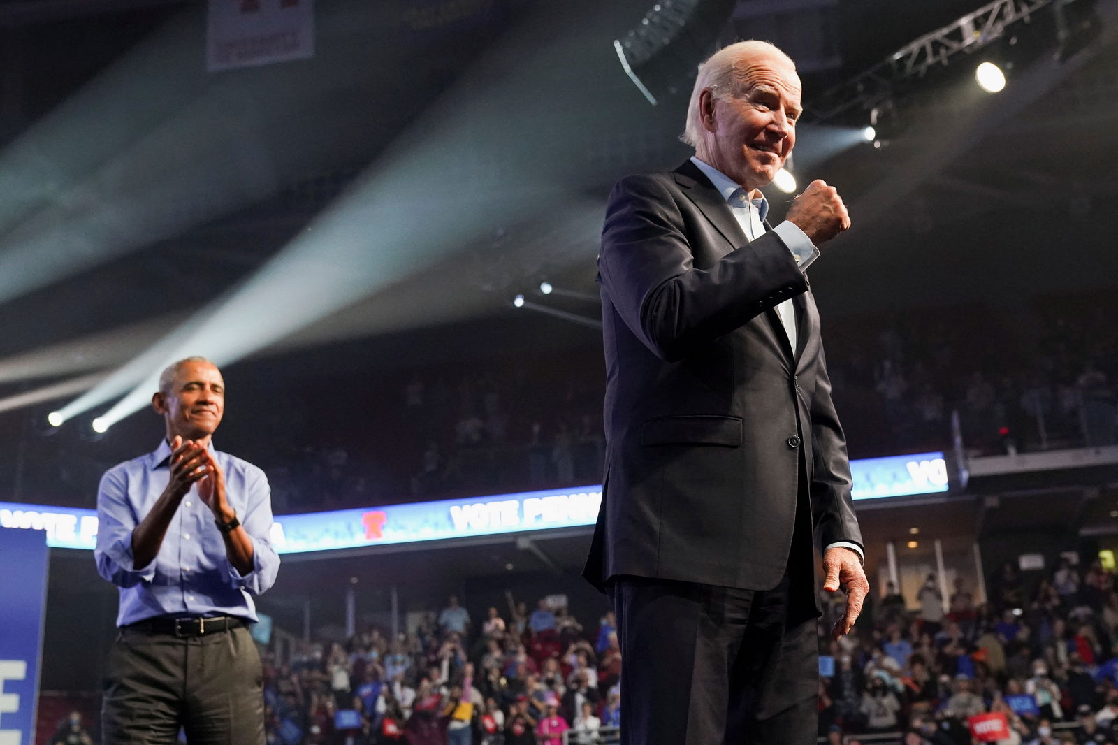 U.S. President Joe Biden and former President Barack Obama attend a campaign for Democratic U.S. senatorial candidate John Fetterman and Democratic nominee for Pennsylvania governor Josh Shapiro in Philadelphia, Pennsylvania, U.S. November 5, 2022. 