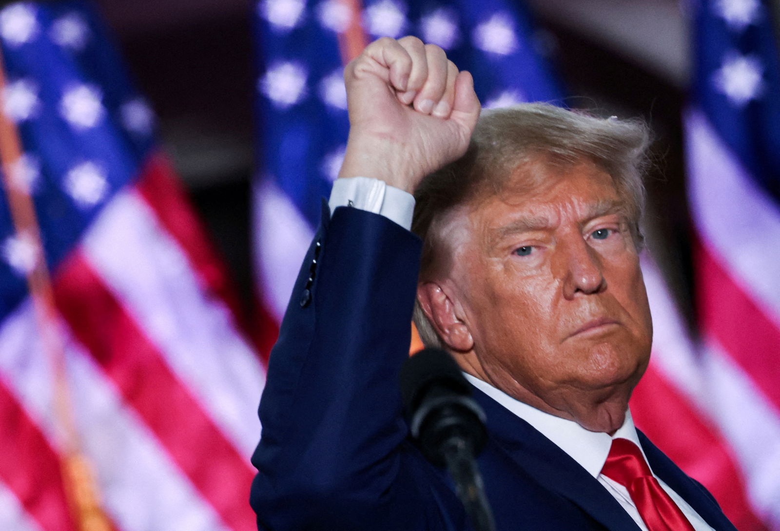 FILE PHOTO: Former U.S. President Donald Trump gestures during an event following his arraignment on classified document charges, at Trump National Golf Club, in Bedminster, New Jersey, U.S., June 13, 2023. 