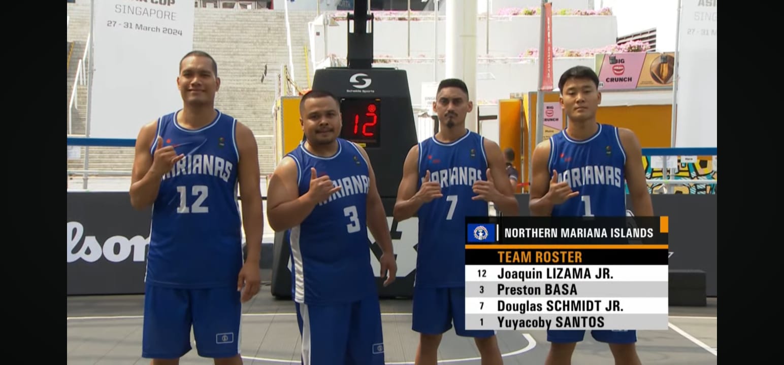 Jack Lizama, Preston Basa, Douglas Schmidt and Coby Santos of the NMI Men's Team pose for a photo before their game against South Korea in the FIBA 3x3 Asia Cup 2024 in Singapore on Wednesday.