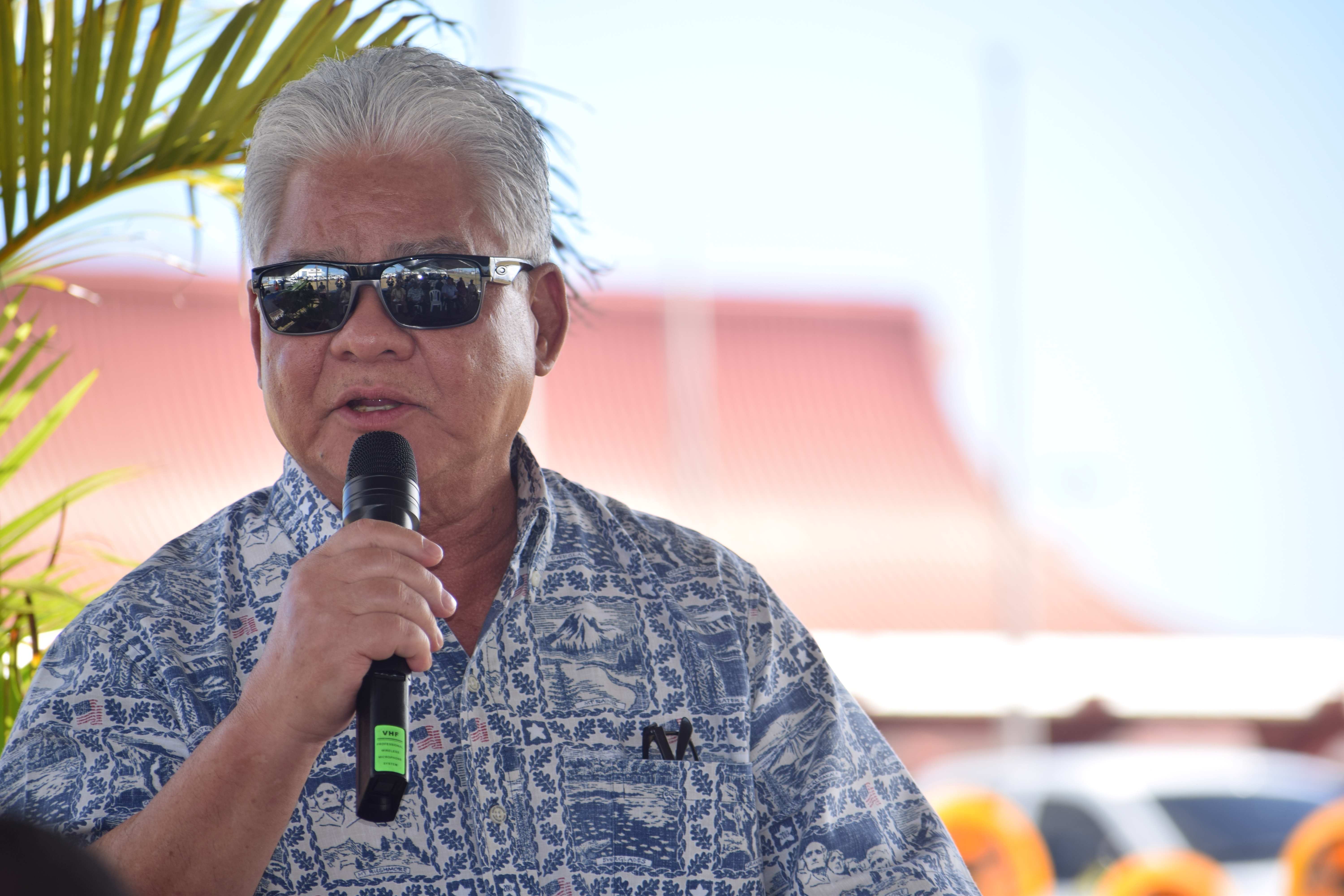 Gov. Arnold I. Palacios delivers his remarks during a groundbreaking ceremony for the paving of an access road to the Francisco C. Ada/Saipan International Airport’s commuter terminal on Thursday.