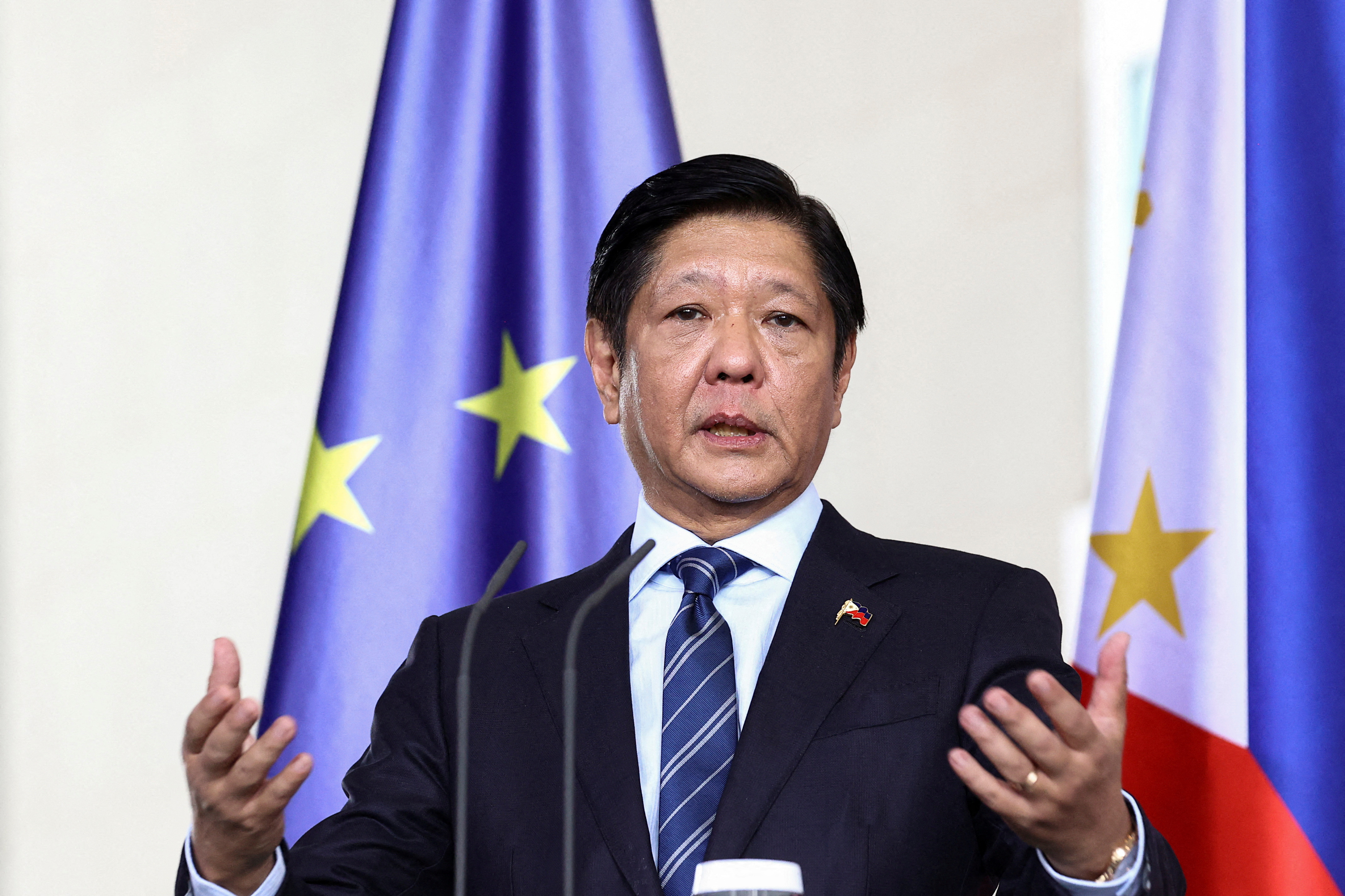 FILE PHOTO: Philippine President Ferdinand Marcos Jr. speaks at a press conference, held with German Chancellor Olaf Scholz (not pictured), in Berlin, Germany, March 12, 2024. 
