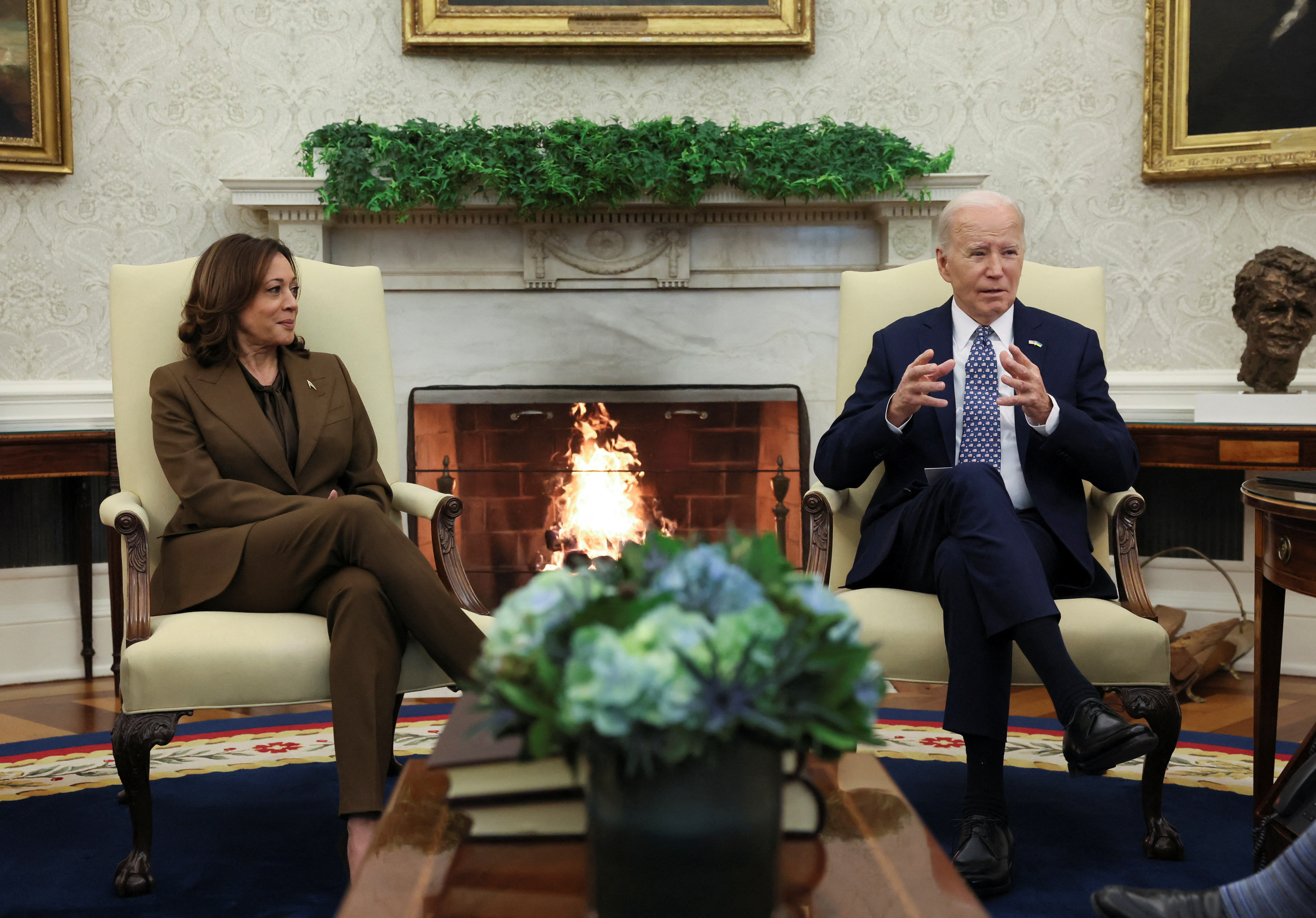 FILE PHOTO: U.S. President Joe Biden and Vice President Kamala Harris meet with congressional leaders in the Oval Office at the White House in Washington, U.S., February 27, 2024. 