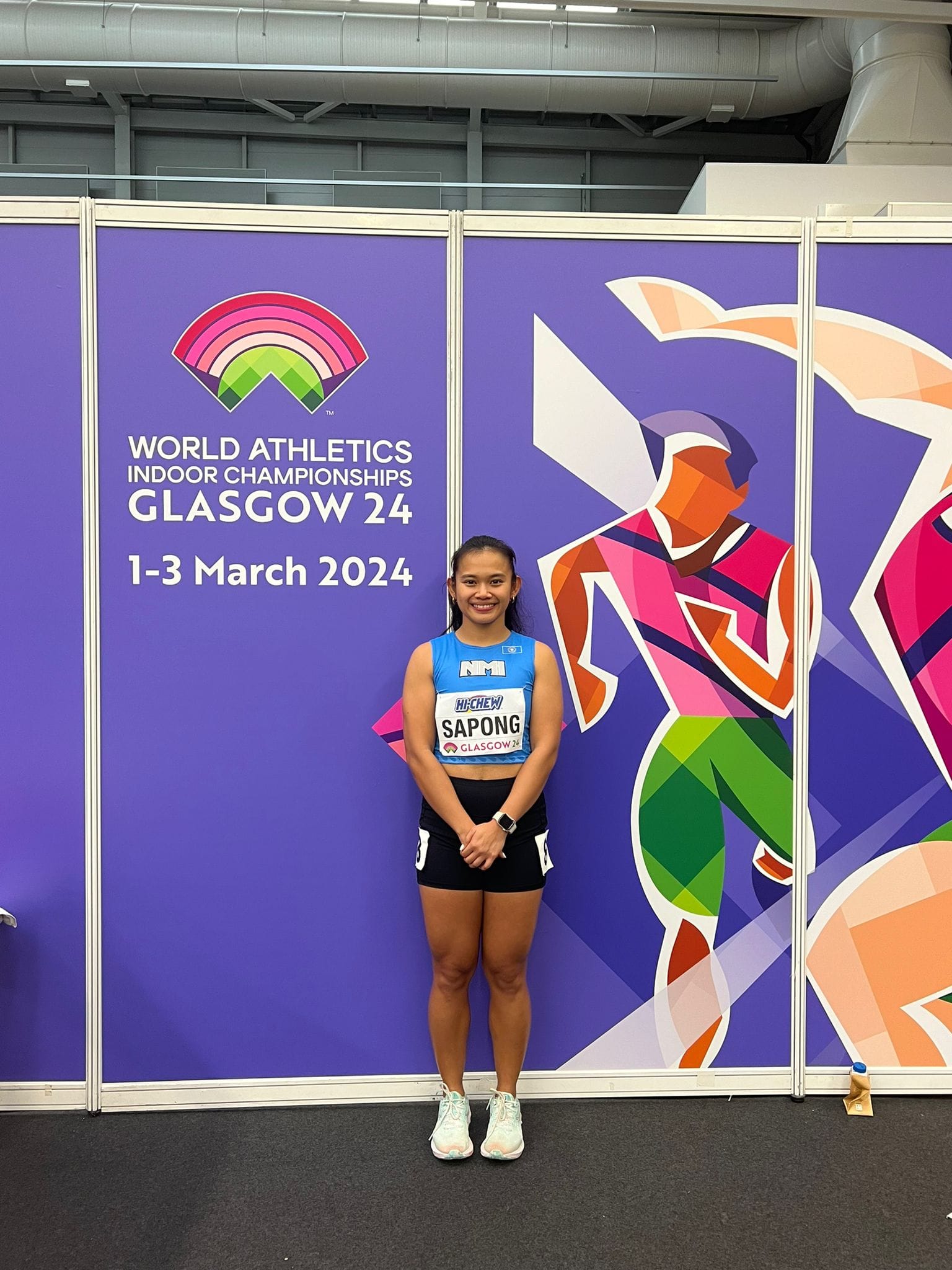 Zarinae Sapong poses for a photo before competing in the women's 60m of the 2024 World Athletics Indoor Championships in Glasgow, Scotland on Saturday. 