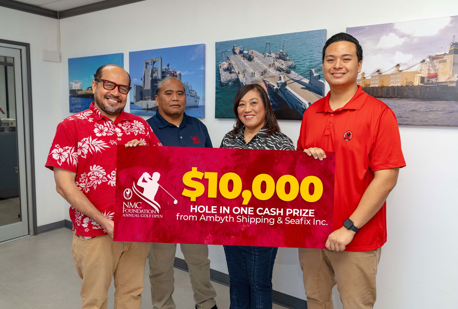As part of their commitment to supporting education in the CNMI, Ambyth Shipping and Seafix Inc. are offering a $20,000 cash as a hole-in-one prize at the Northern Marianas College Foundation’s upcoming Golf Open. From left:  NMC President Galvin Deleon Guerrero, EdD, Ambyth Senior Marine Coordinator Jovie Villacrusis, Ambyth and Seafix Quality Assurance and Human Resources Senior Executive Josefine Dandan, and NMC Content Creator/Digital Media Specialist Casey Huliganga.