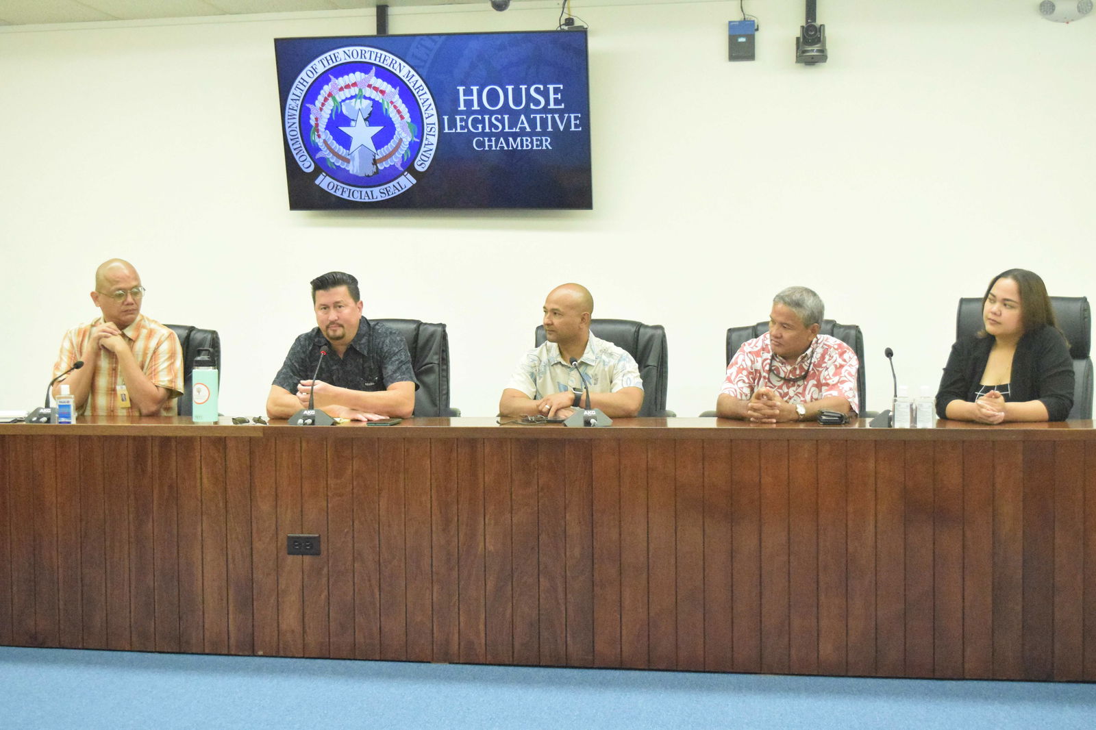 From left, Rep. Vincent S. Aldan, House Floor Leader Edwin Propst, Saipan Chamber of Commerce President Joe Guerrero, SCC Director Alex Sablan and SCC Executive Director Kimberly Camacho conduct a press conference in the House chamber on Thursday afternoon.