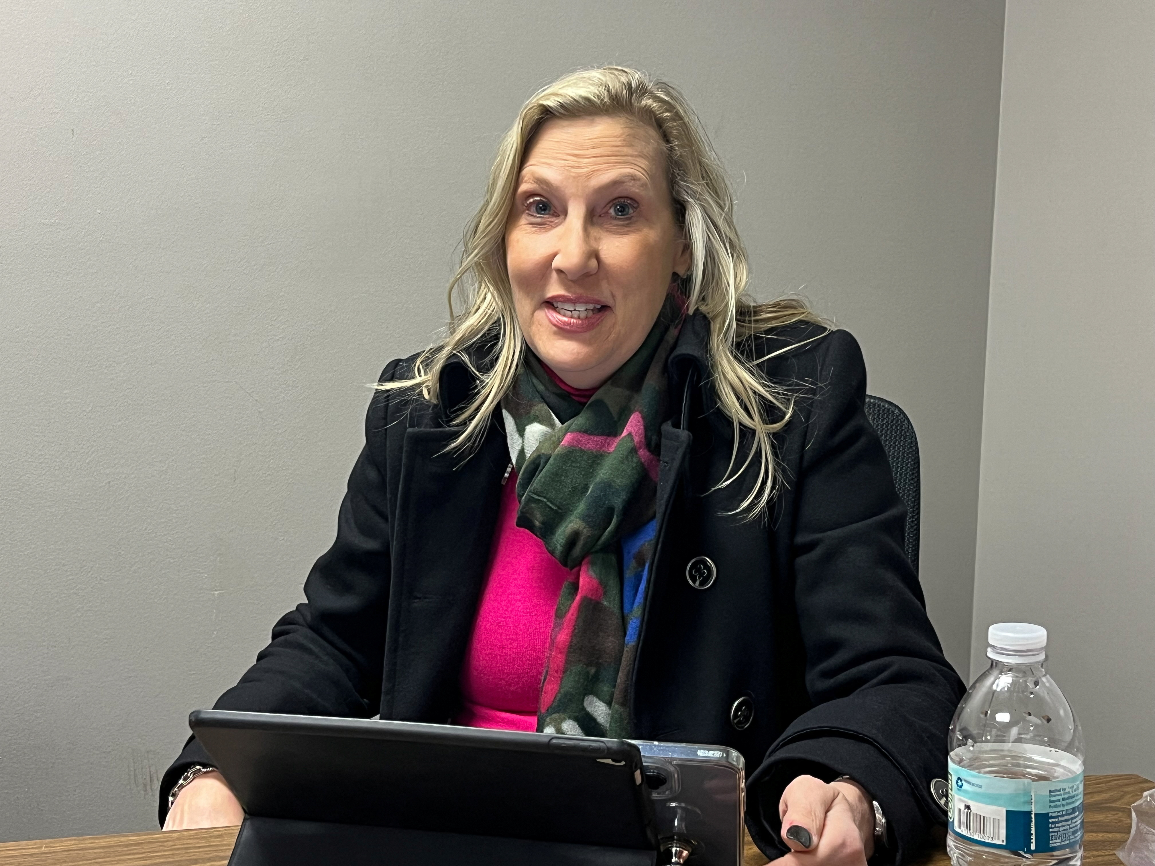 Kelly Sackett, chair of the Republican Party in Kalamazoo County, sits at the party's office in Portage, Michigan, U.S. February 16, 2024. 