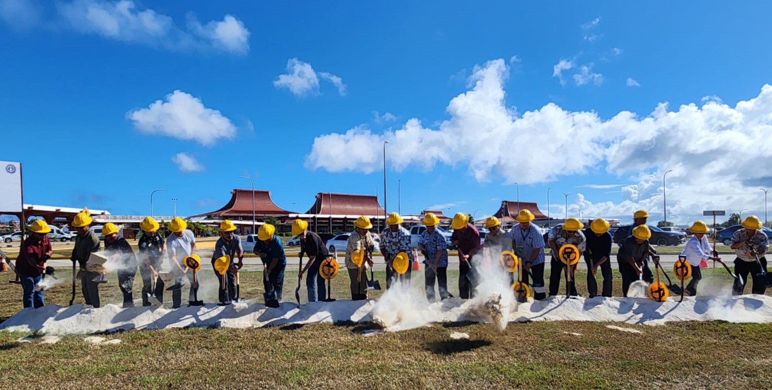 Gov. Arnold I. Palacios and Lt. Gov. David M. Apatang join Commonwealth Ports Authority officials in a groundbreaking ceremony for the paving of an access road to the Francisco C. Ada/Saipan International Airport’s commuter terminal on Thursday.