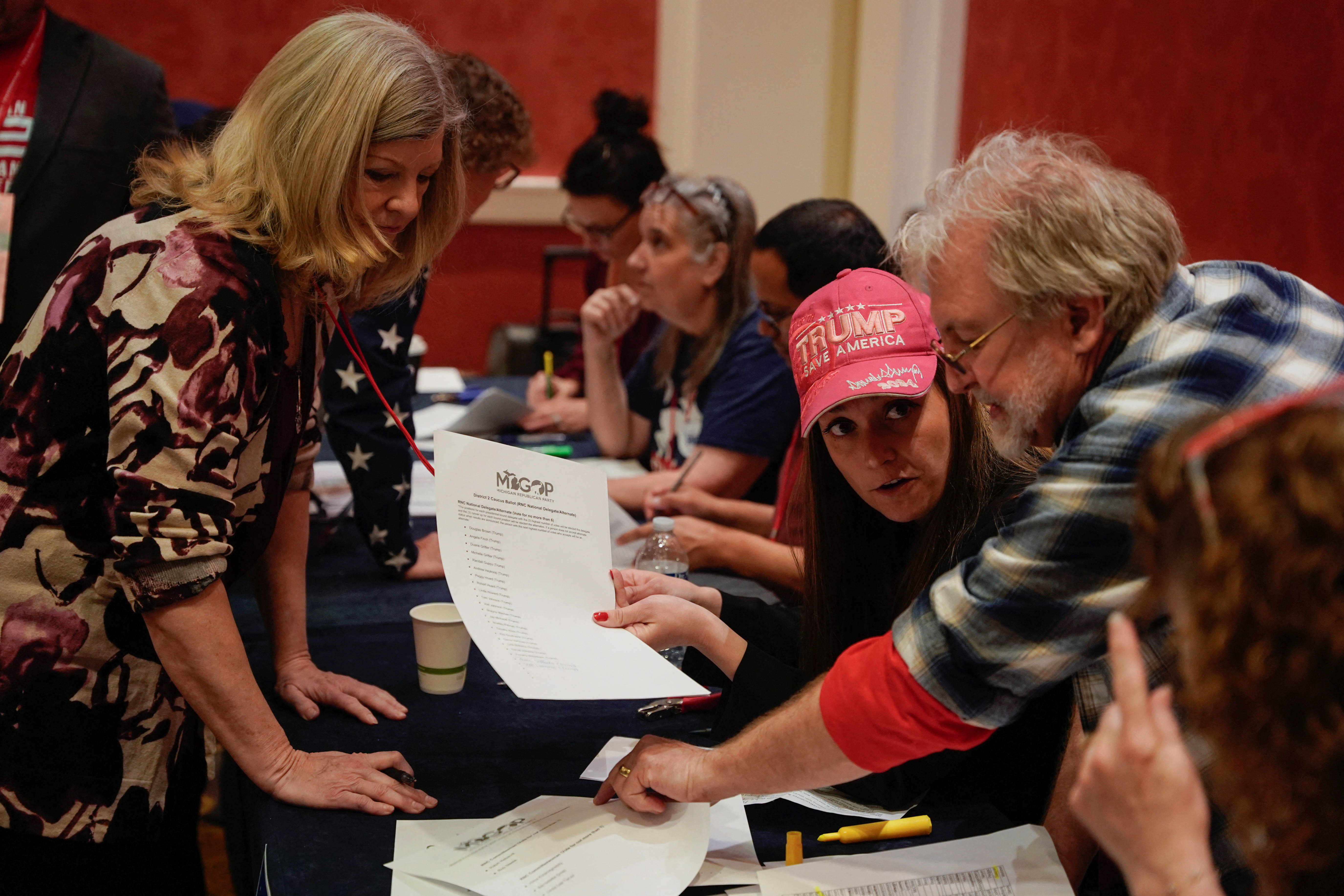 People take part in a Republican caucus in Grand Rapids, Michigan, U.S., March 2, 2024. 