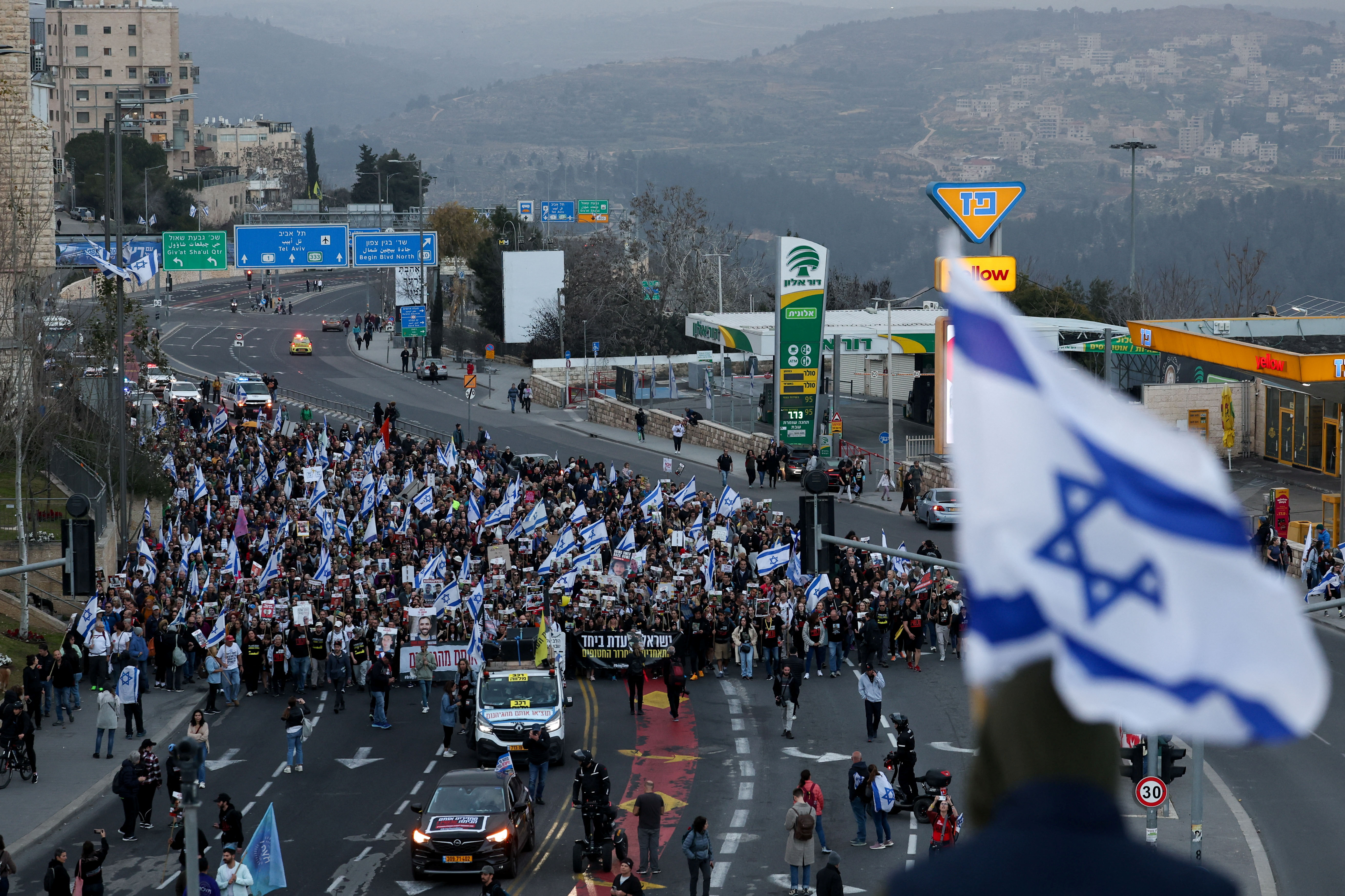 Families and supporters of hostages kidnapped in the deadly October 7 attack on Israel by the Palestinian Islamist group Hamas, take part in the four day march from Reim to Jerusalem to call for the release of hostages, as they enter in Jerusalem, March 2, 2024. 