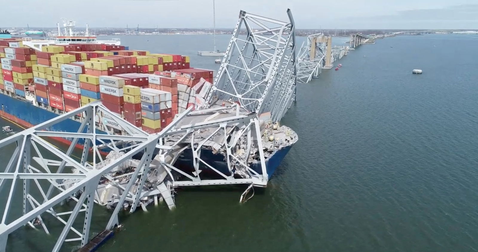 A drone view of the Dali cargo vessel, which crashed into the Francis Scott Key Bridge causing it to collapse, in Baltimore, Maryland, U.S., March 26, 2024, in this still image taken from a handout video. 
