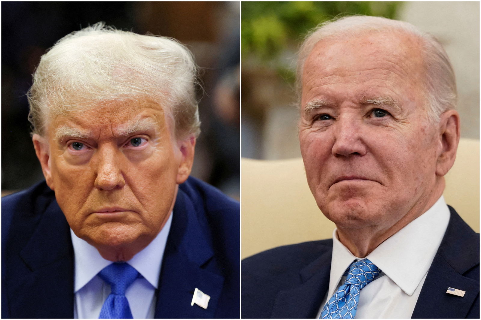FILE PHOTO: Combination picture showing former U.S. President Donald Trump attending the Trump Organization civil fraud trial, in New York State Supreme Court in the Manhattan borough of New York City, U.S., November 6, 2023 and U.S. President Joe Biden participating in a meeting with Italy's Prime Minister Giorgia Meloni in the Oval Office at the White House in Washington, U.S., March 1, 2024. 