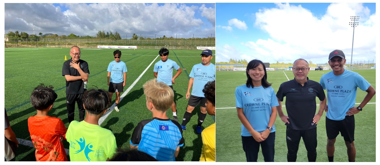 Left photo, Kiyoshi Sekiguchi, director of international department for Shonan Bellmare, talks to the players training under the Junior National Academy at the NMI Soccer Training Center on Monday. Right photo shows Sekiguchi with NMI Football Association acting technical director Konomi Suzuki and NMIFA coaching staff member Jireh Yobech during a visit at the facility in Koblerville.