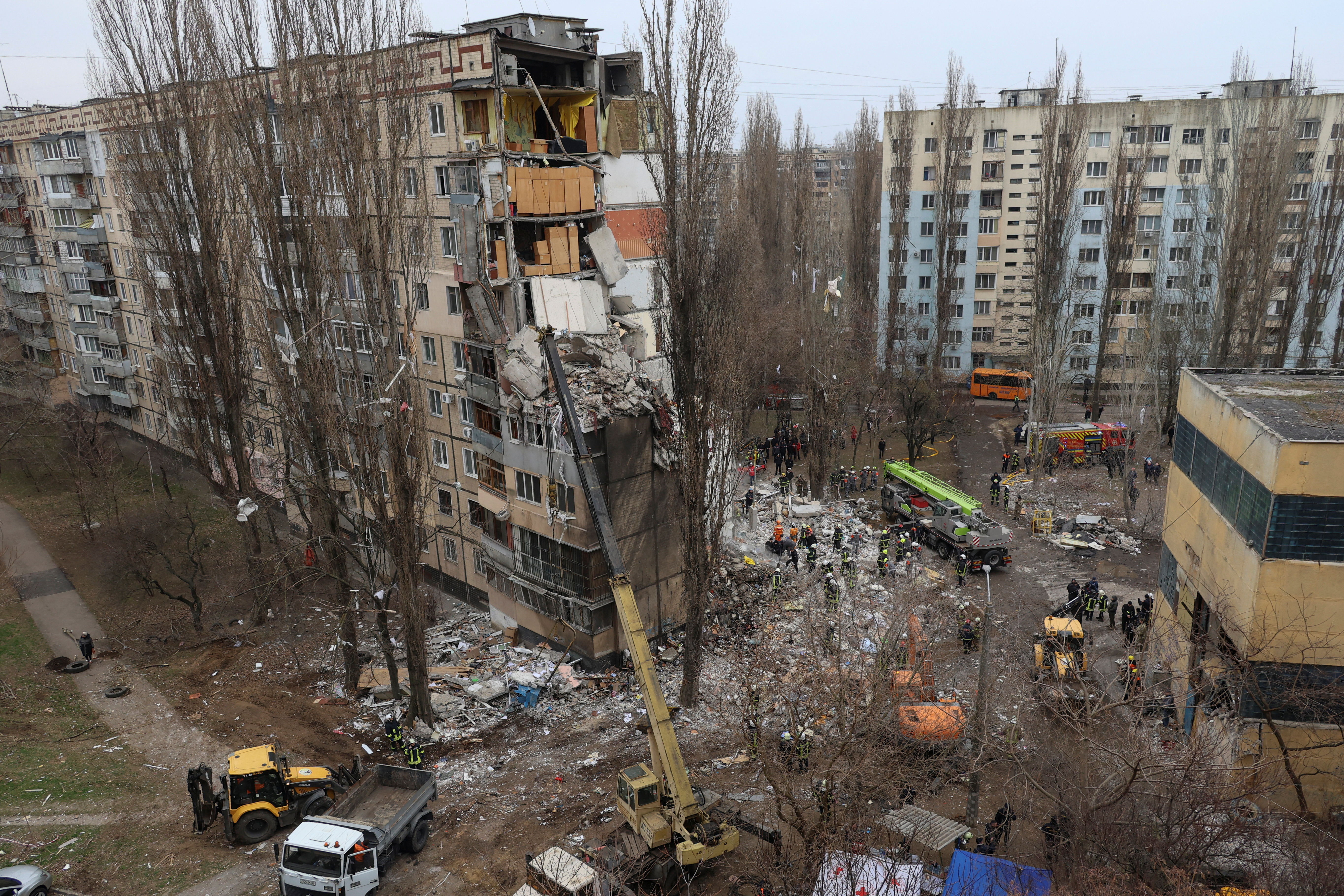 A general view shows an apartment building heavily damaged by a Russian drone strike, amid Russia's attack on Ukraine, in Odesa, Ukraine March 2, 2024. 
