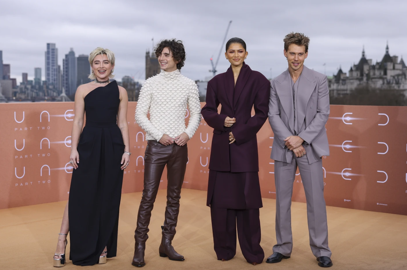 Florence Pugh, from left, Timothee Chalamet, Zendaya and Austin Butler pose for photographers at the photo call for the film “Dune: Part Two” on Feb. 14, 2024 in London.