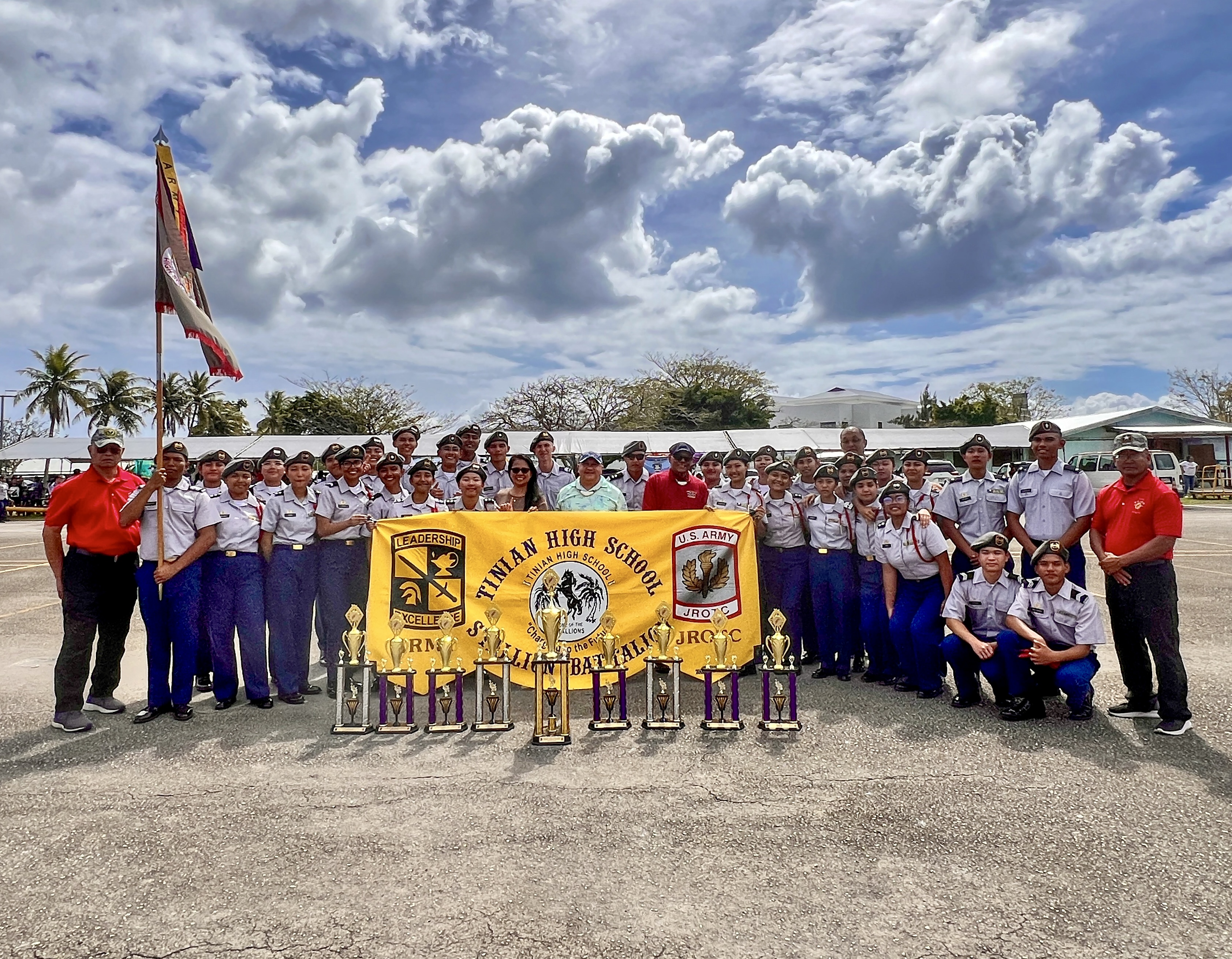 Tinian High School cadets will represent the CNMI in the armed division of the Golden Bear West Coast National Drill Meet in Torrance California. Also in photo are Board of Education Chair Herman Atalig, Vice Chair Maisie B. Tenorio and Commissioner of Education Dr. Lawrence F. Camacho. 