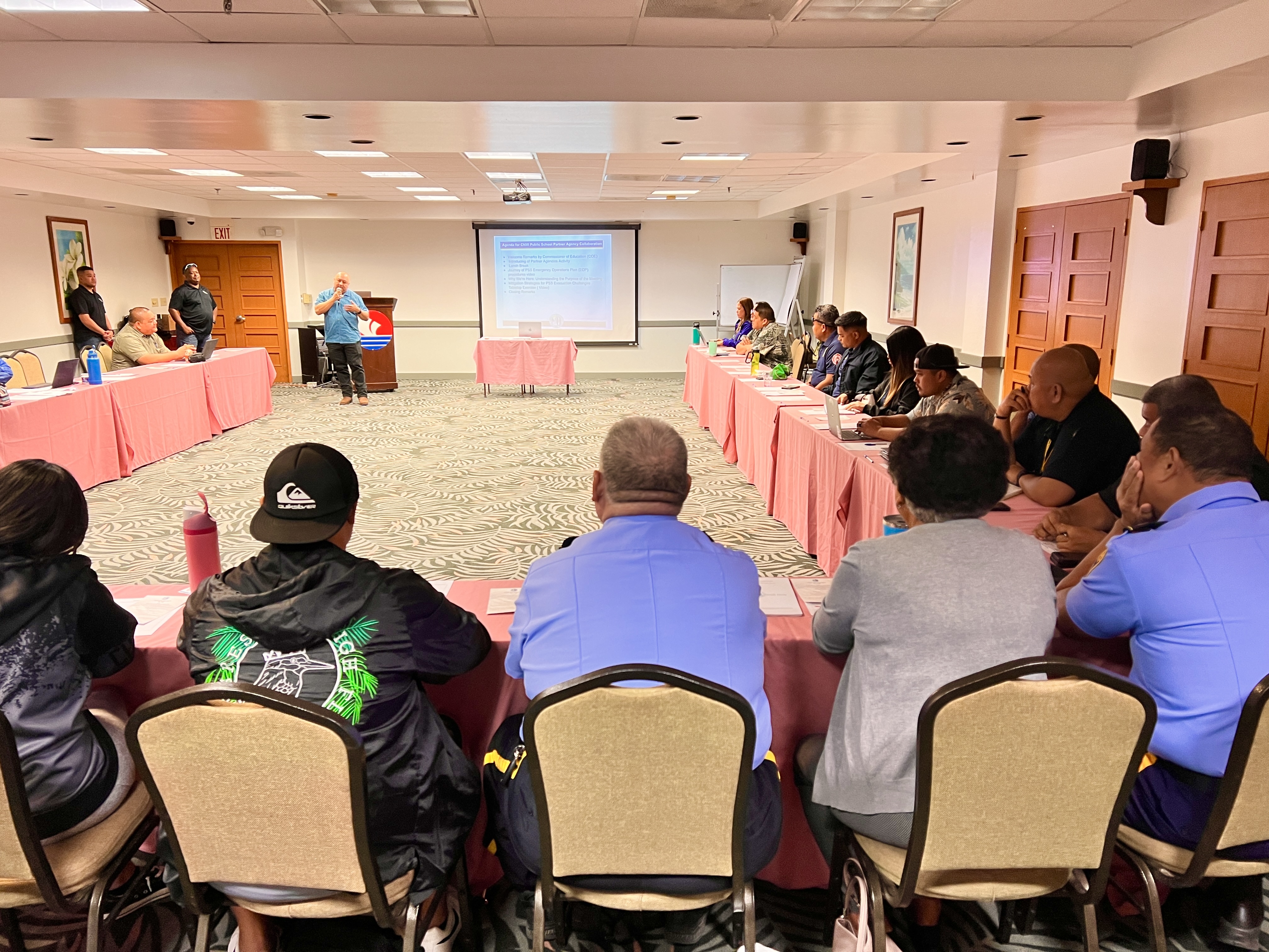Commissioner of Education Dr. Lawrence F. Camacho addresses the officials of the Department of Public Safety, the Department of Fire and Emergency Management Services, CNMI Homeland Security, the Commonwealth Healthcare Corporation, the Saipan Mayor’s Office and the American Red Cross-NMI Chapter.