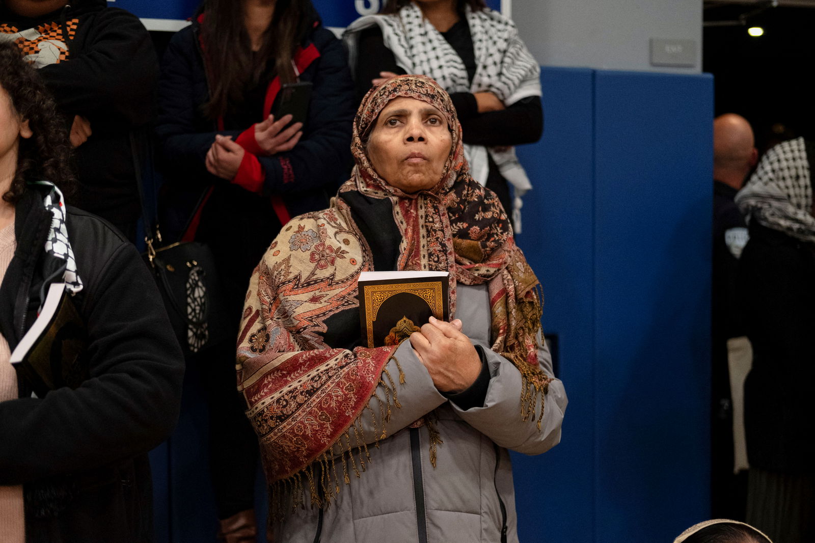 Mourners attend a vigil service at the Prairie Activity & Recreation Center for Wadea Al-Fayoume, 6, a Muslim boy who according to police was stabbed to death in an attack that targeted him and his mother for their religion and as a response to the war between Israel and Hamas, in Plainfield, Illinois, U.S. October 17, 2023. 