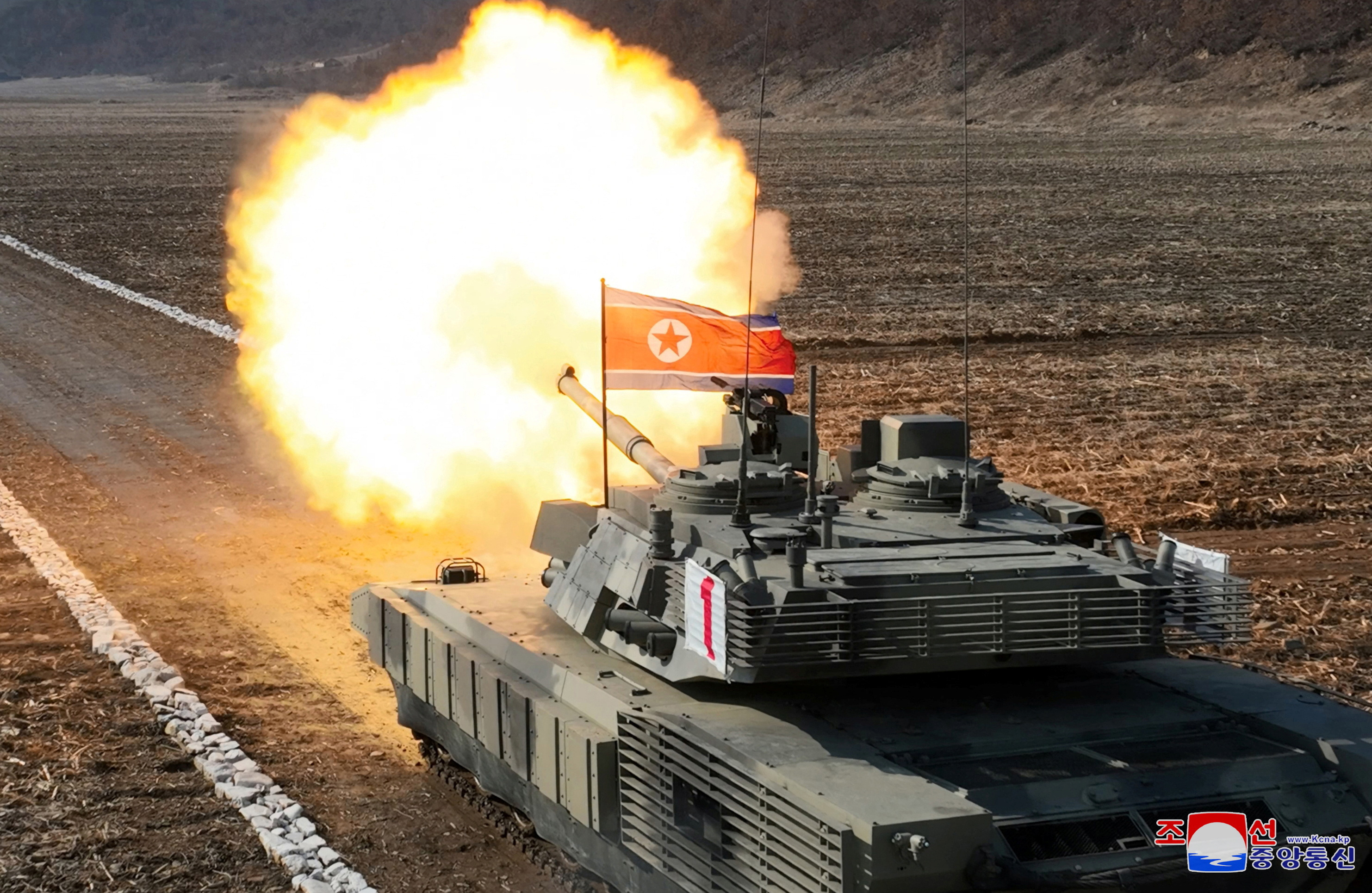A military demonstration involving tank units, guided by North Korean leader Kim Jong Un (not pictured), is held in North Korea, March 13, 2024 in this picture released on March 14, 2024, by the Korean Central News Agency. 