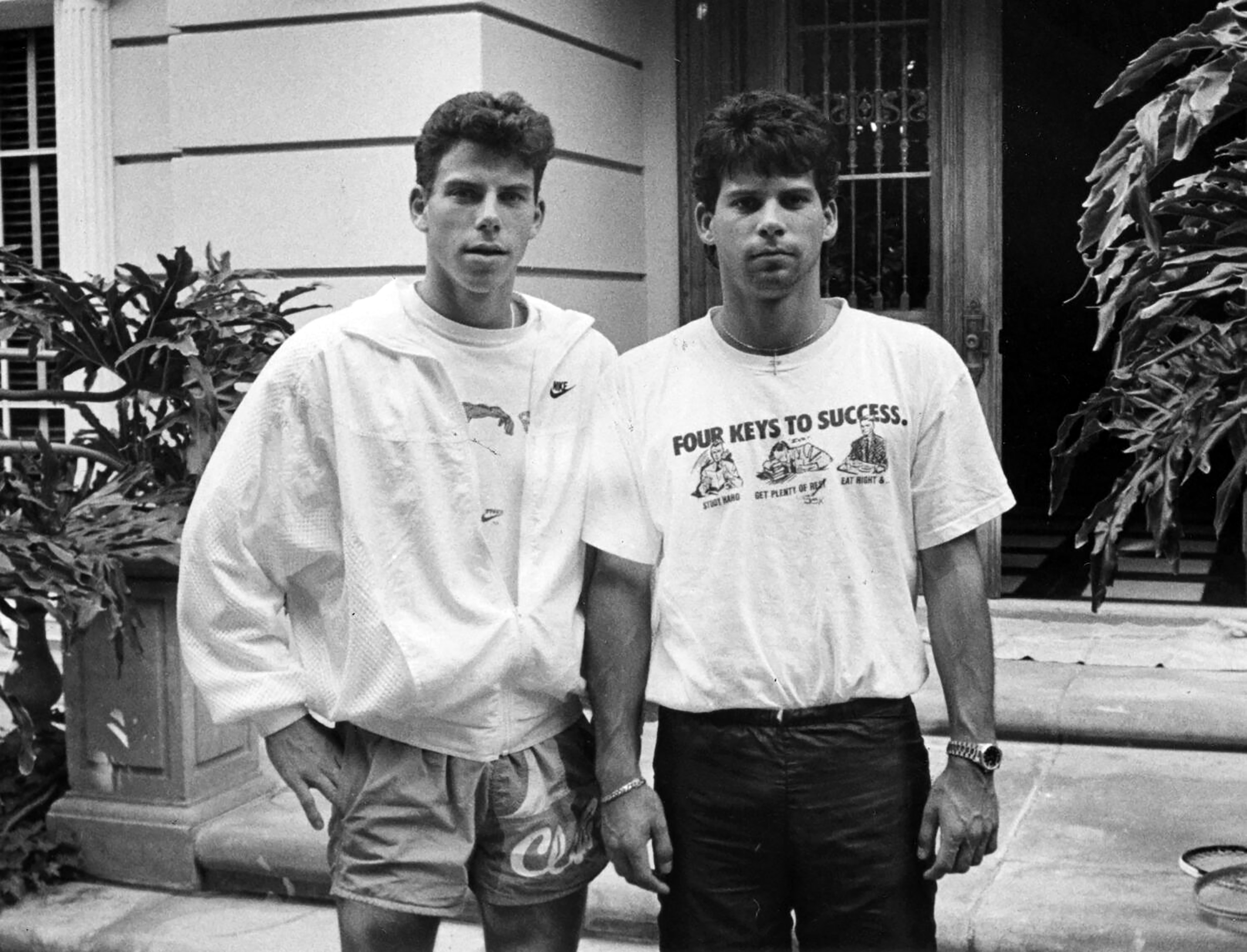 Erik Menendez, left, and is brother Lyle, in front of their Beverly Hills home, in 1989. They were prime suspects in their parents murder. (Ronald Soble/Los Angeles Times/TNS)