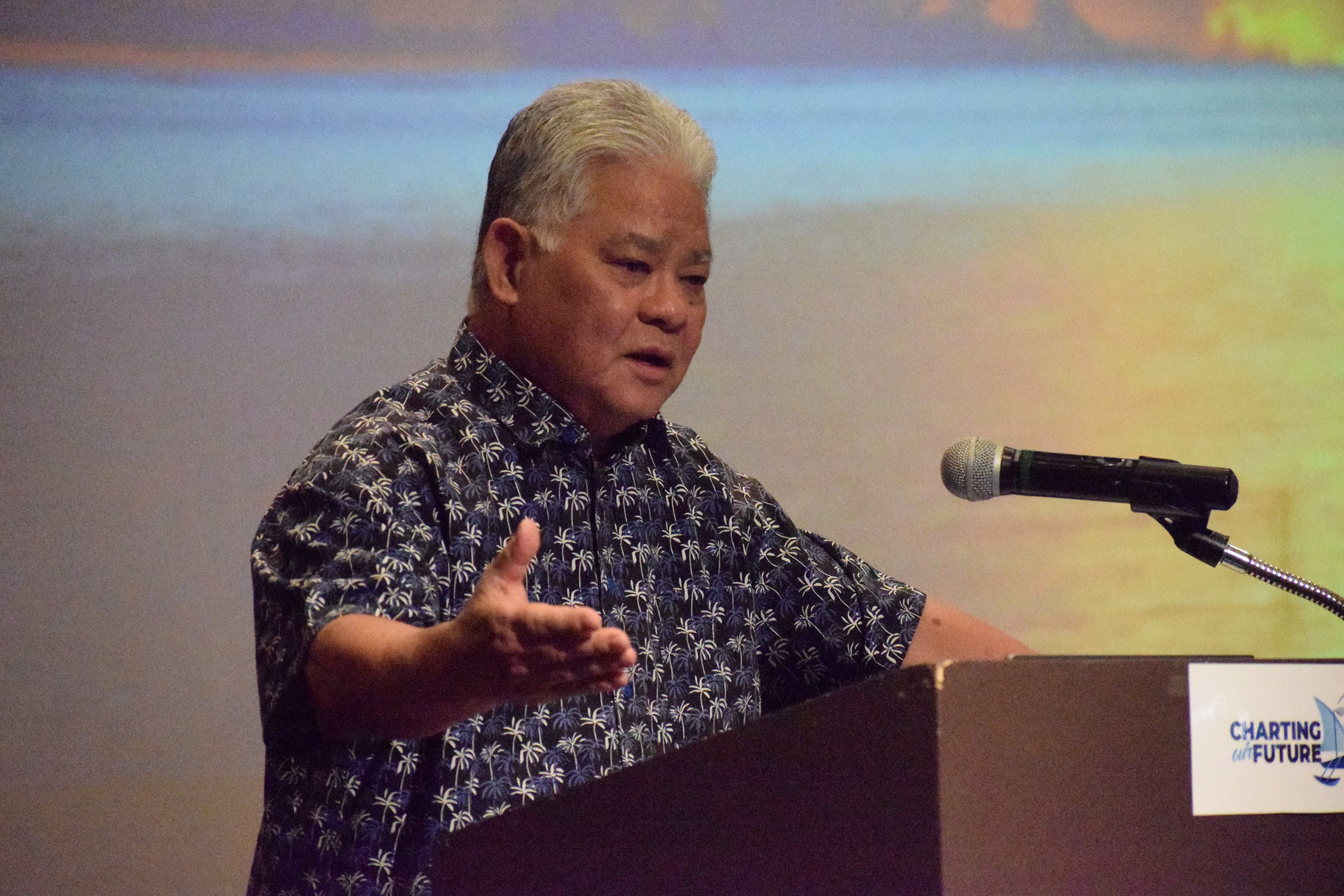 Gov. Arnold I. Palacios delivers his keynote address during the “Chartering Our Future Economic Development Summit” at Saipan World Resort's Royal Taga Hall on Thursday.