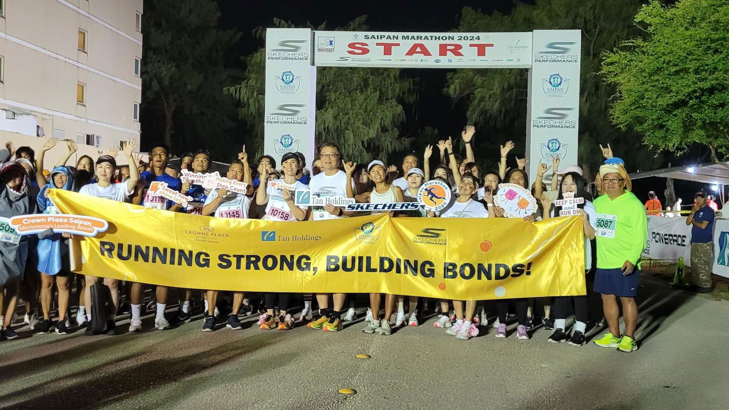 A group of runners from Skechers and Tan Holdings Corp. prepares to start Skechers Saipan Marathon 2024 on March 9. Over 500 registrants from nine countries joined the annual signature event of the Marianas Visitors Authority.