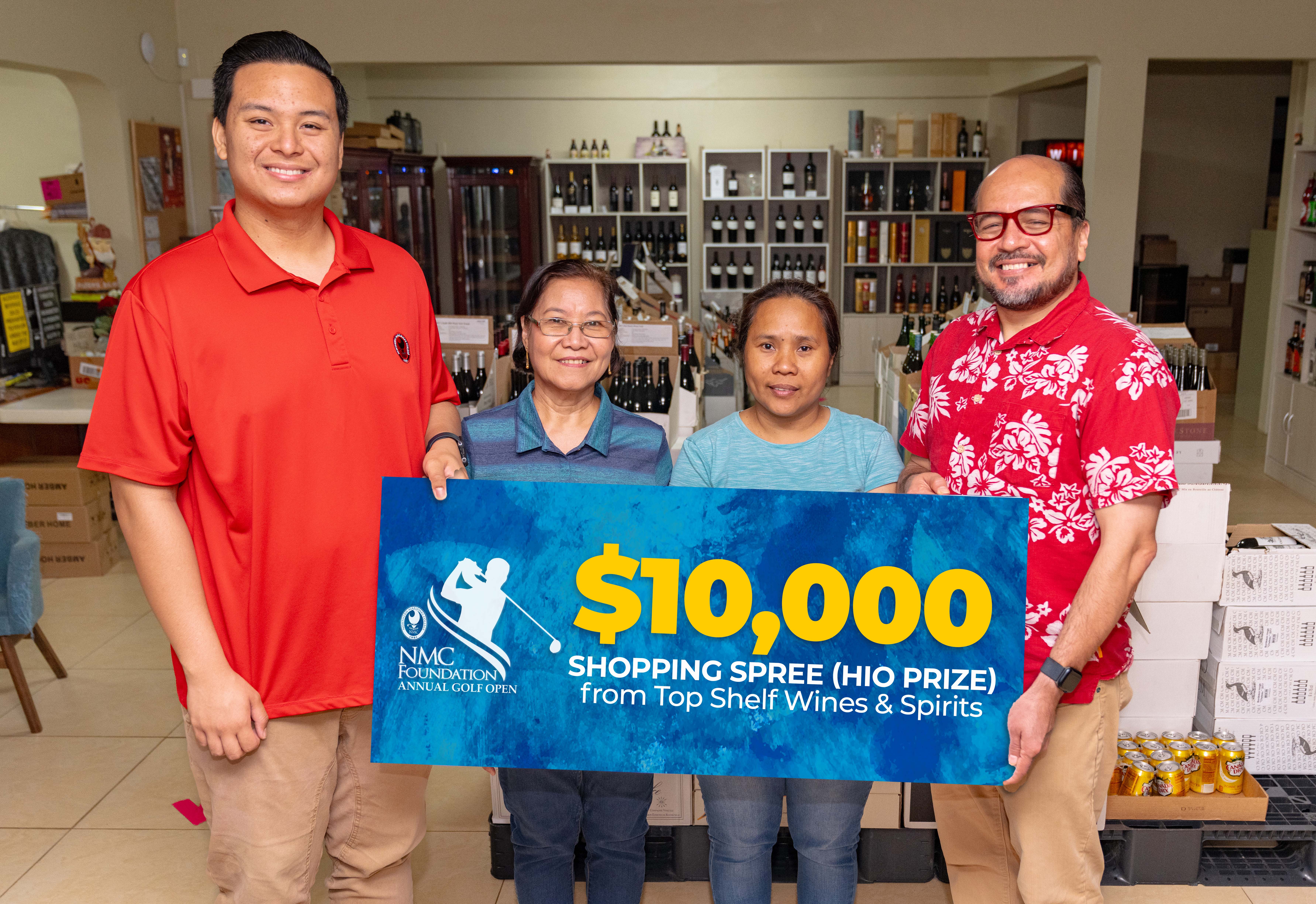 ​ Top Shelf Wines and Sprits is offering a $10,000 shopping spree at its store as a hole-in-one prize for the upcoming 19th Annual NMC Foundation Golf Open. In photo are, from left, NMC student Richard Baleares, Top Shelf Wines and Sprits employees Raquel Mostales and Maricel Bayog, and NMC President Galvin Deleon Guerrero, Ed.D.
