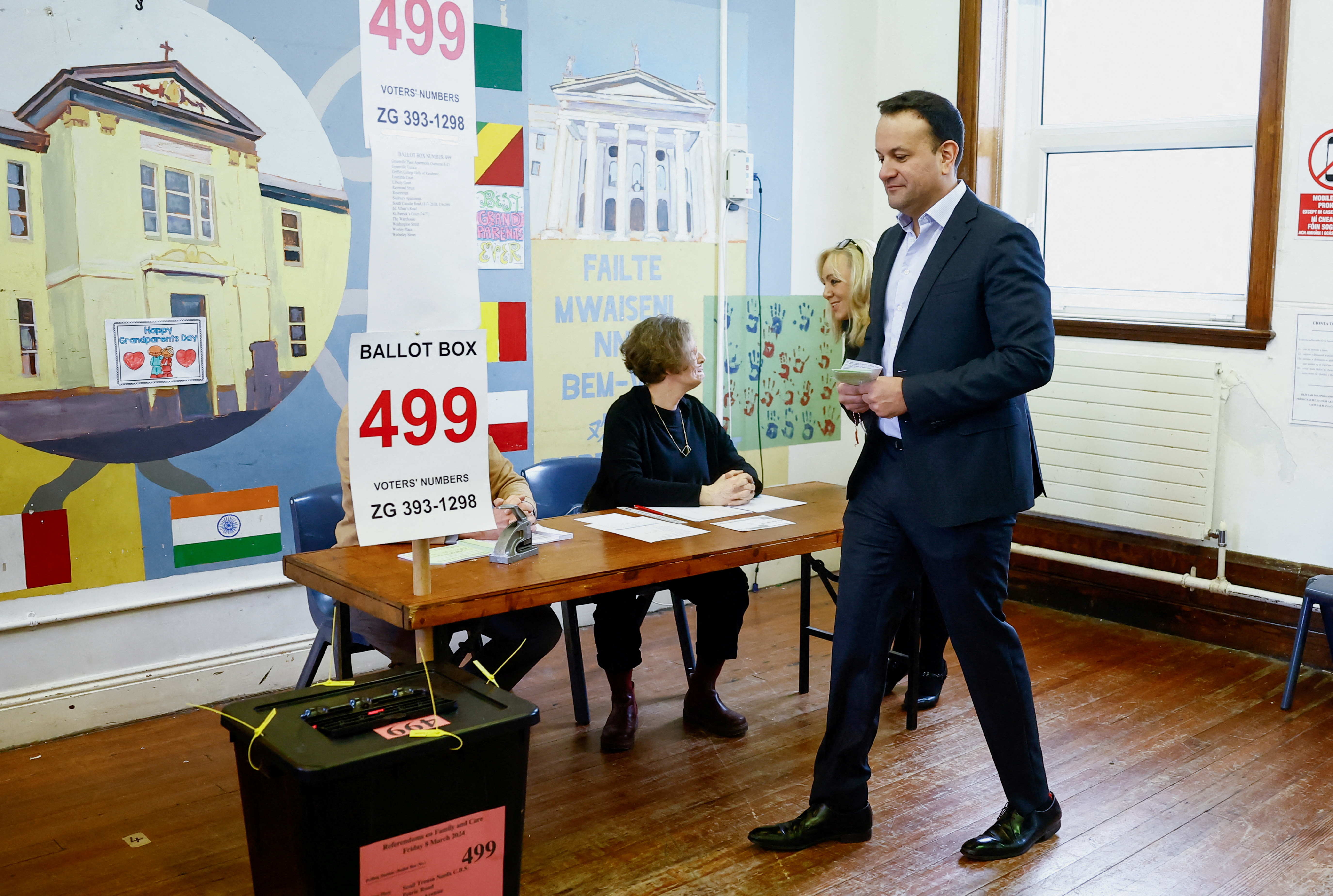 FILE PHOTO: Ireland's Taoiseach (Prime Minister) Leo Varadkar walks to cast his vote in a referendum on changes to the Irish constitution called the Family Amendment and the Care Amendment, at Scoil Treasa Naofa in Dublin, Ireland March 8, 2024. 
