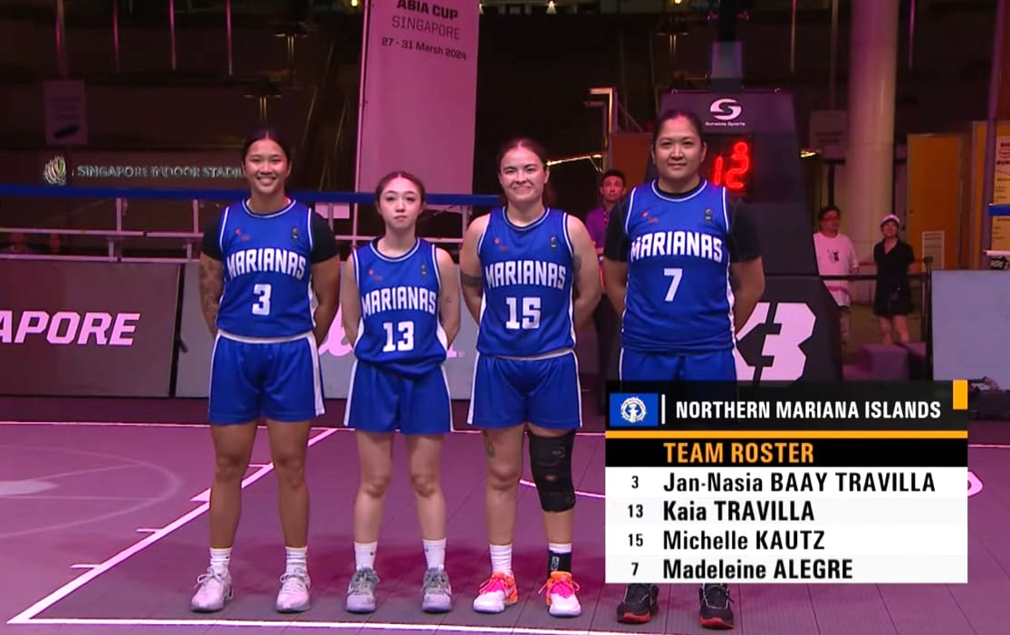 The NMI women’s team members Jan and Kaia Travilla, Michelle Kautz, and Madeleine Alegre pose for a photo before their debut game against India in the FIBA 3x3 Asia Cup 2024 in Singapore on Wednesday.