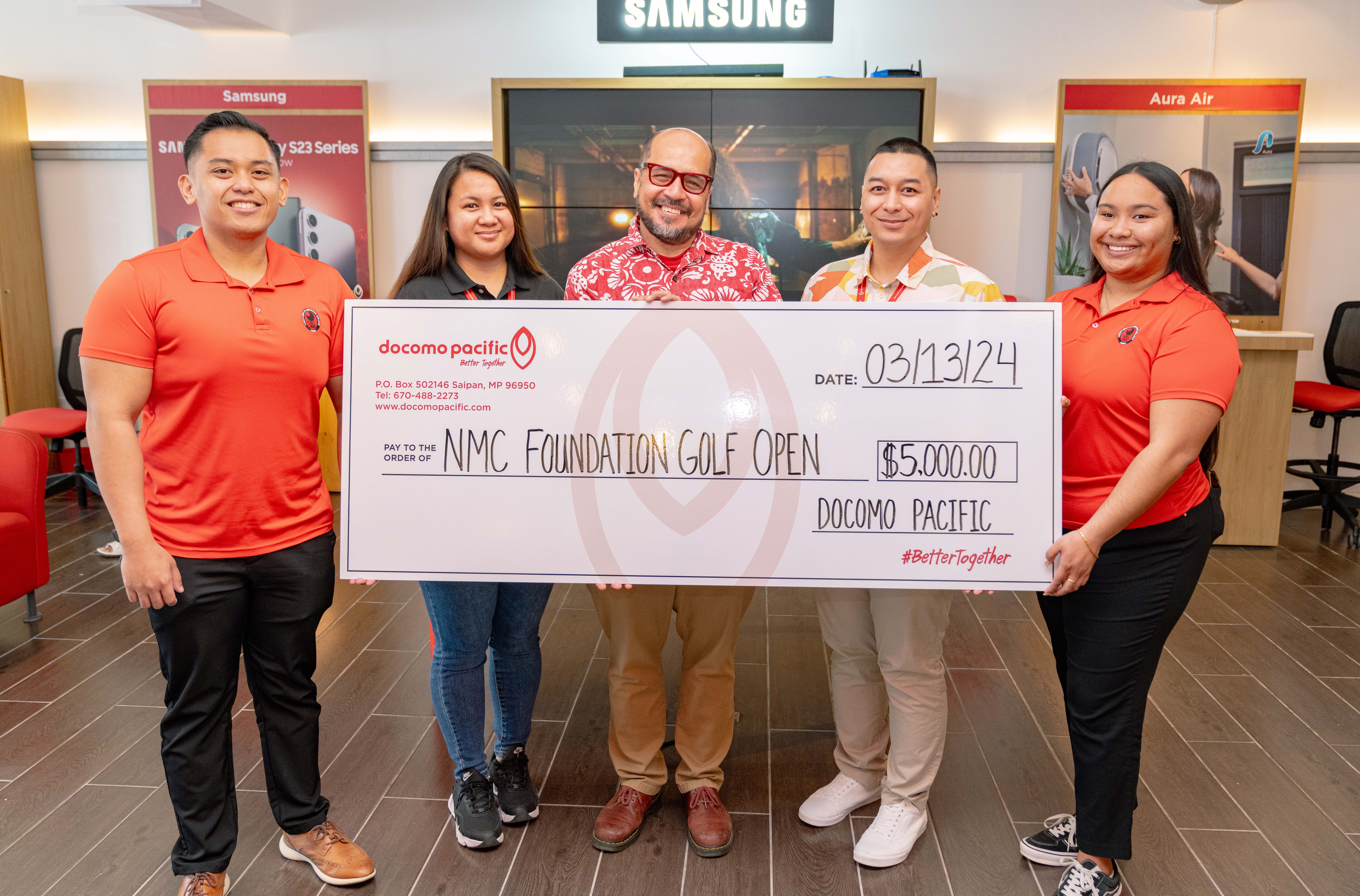 Docomo Pacific recently donated $5,000 to the Northern Marianas College Foundation Golf Open, which is set for March 23 and 24, 2024. In photo with NMC President Galvin Deleon Guerrero, EdD are Docomo Pacific CNMI Brand Manager Brent Deleon Guerrero, Docomo Pacific Customer Service Representative – Lead Therese Santos, NMC Communications Manager Miguel Dandan, and NMC Office of Student Activities and Leadership Program Manager Maia Pangelinan.