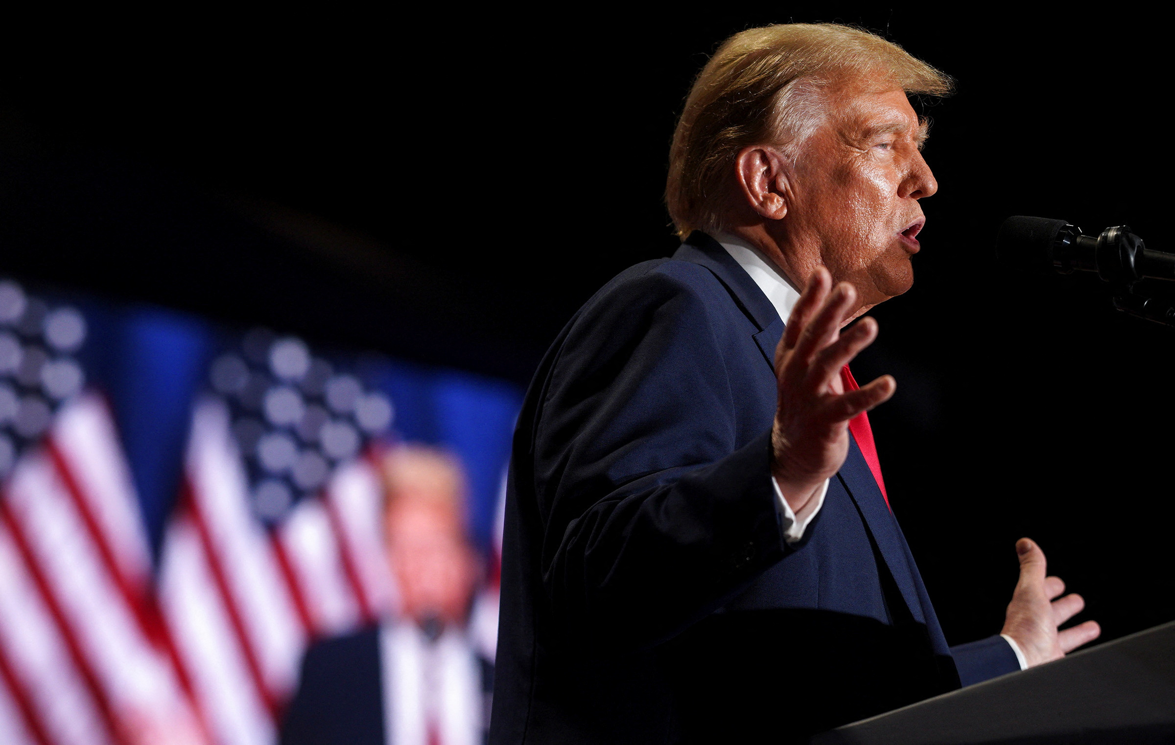 Republican presidential candidate and former U.S. President Donald Trump speaks on stage during a campaign rally in Richmond, Virginia, U.S. March 2, 2024. 