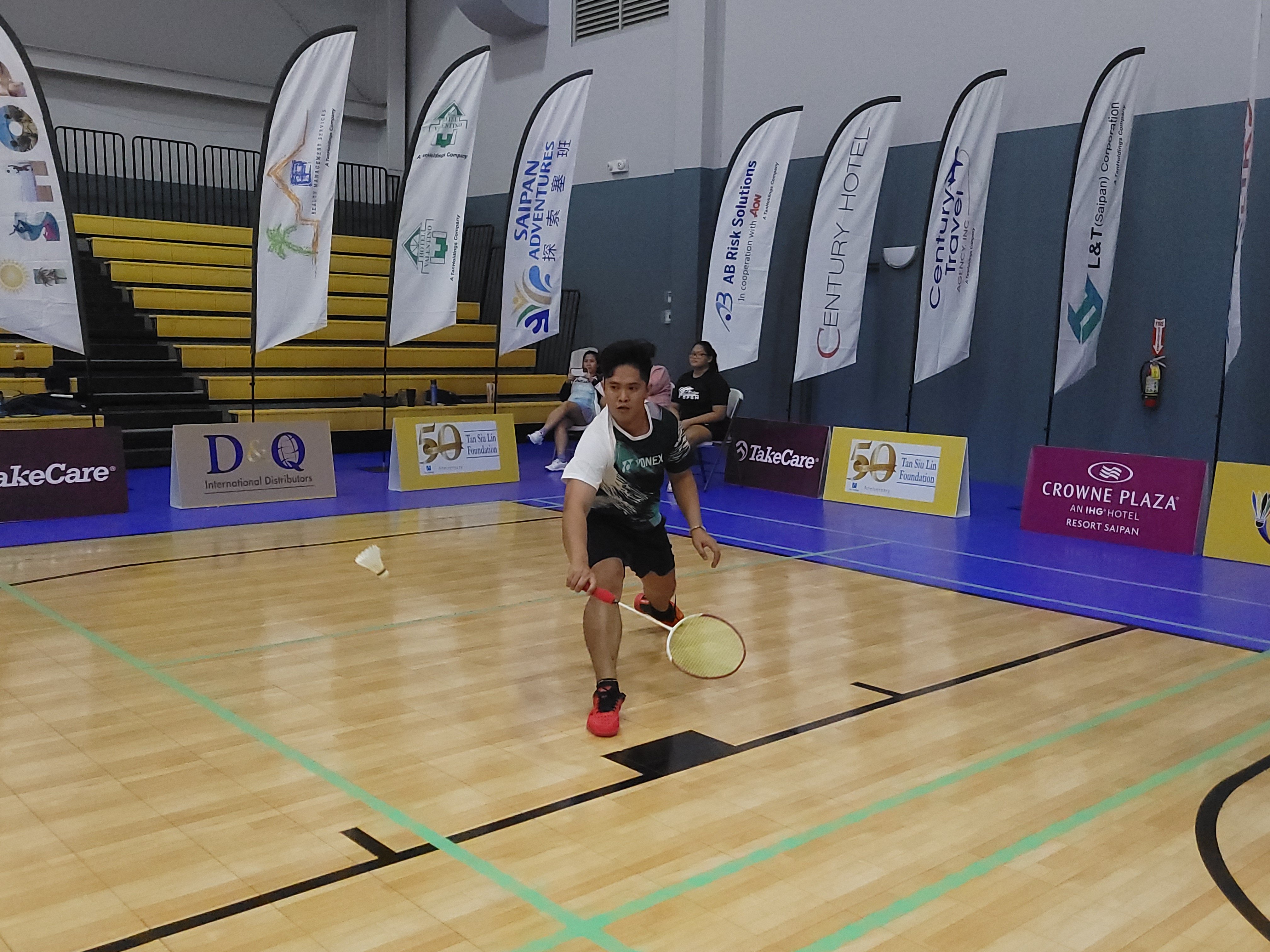 Jomarie Azura extends for the backhand return during a Men's Open Singles match of the Tan Holdings Badminton Open 2024 at the Ada gym on Sunday.