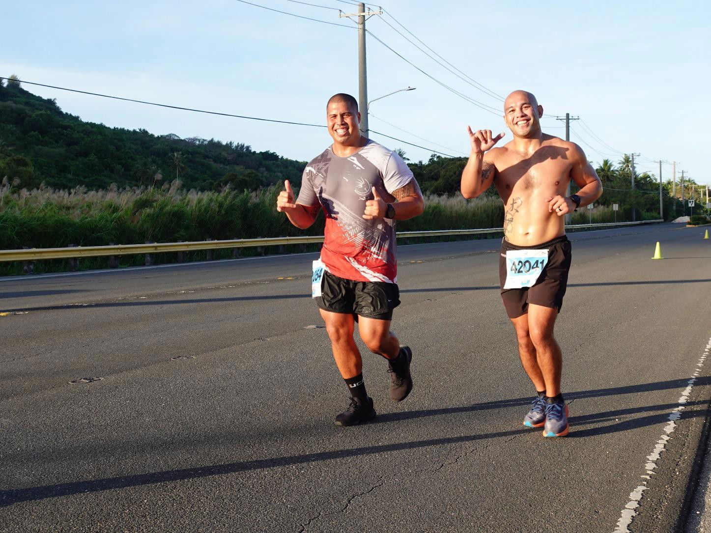William “Billy” Grow, left, and Frank Camacho of the Marianas join the Skechers Saipan Marathon 2024 on March 9. Over 500 registrants from nine countries joined the annual signature event of the Marianas Visitors Authority.